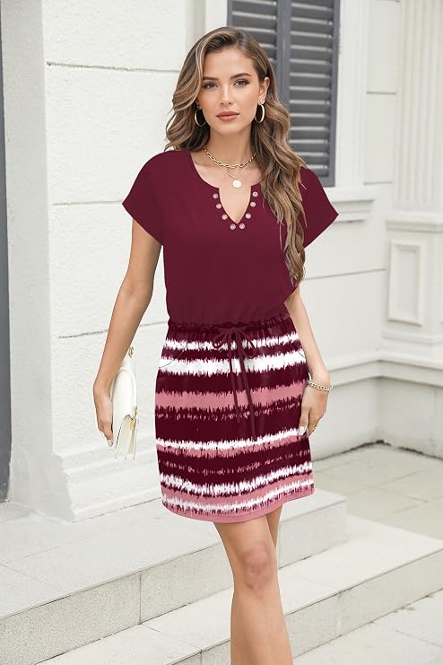 SAUKOLE Womens Summer Dresses Casual Short Sleeve V Neck Drawstring Waist Sundress with Pockets