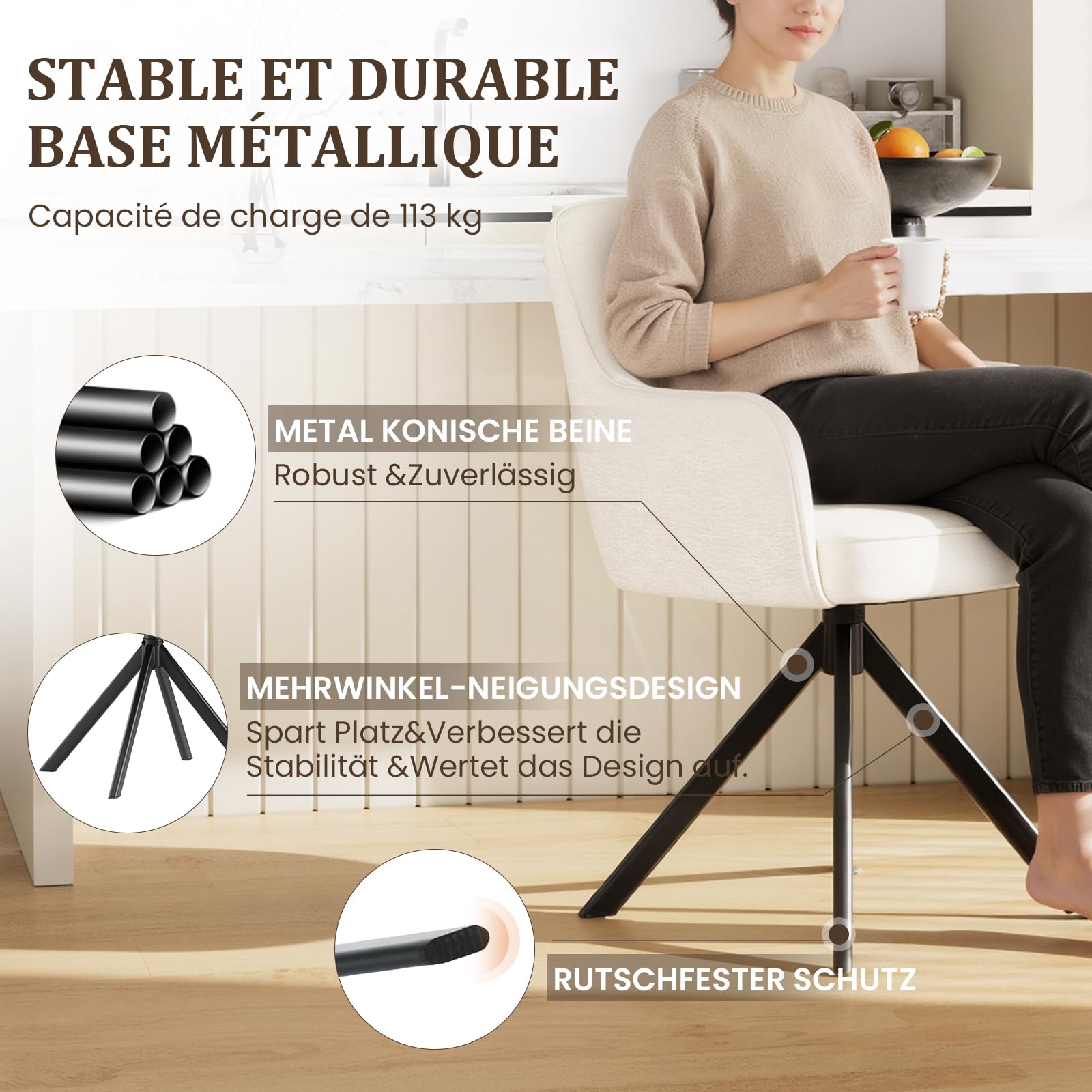 COLAMY Drehbare Esszimmerstühle 4er Set mit Armlehnen, Drehbare Polsterstühle für Küche & Esszimmer aus weichem Florstoff mit Metallgestell und Rückenlehne, für Esszimmer, Küche, Büro,Beige
