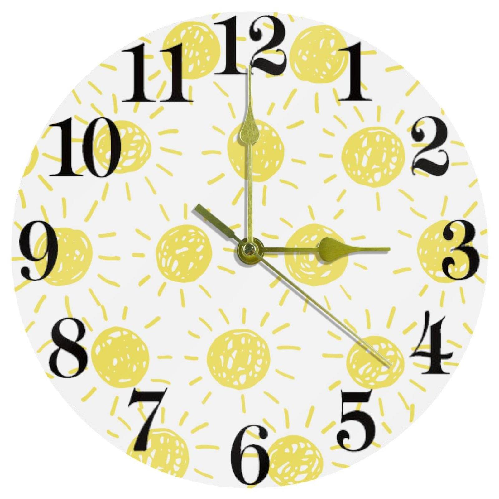 Horloge murale ronde à quartz de 25,4 cm avec motif soleil jaune