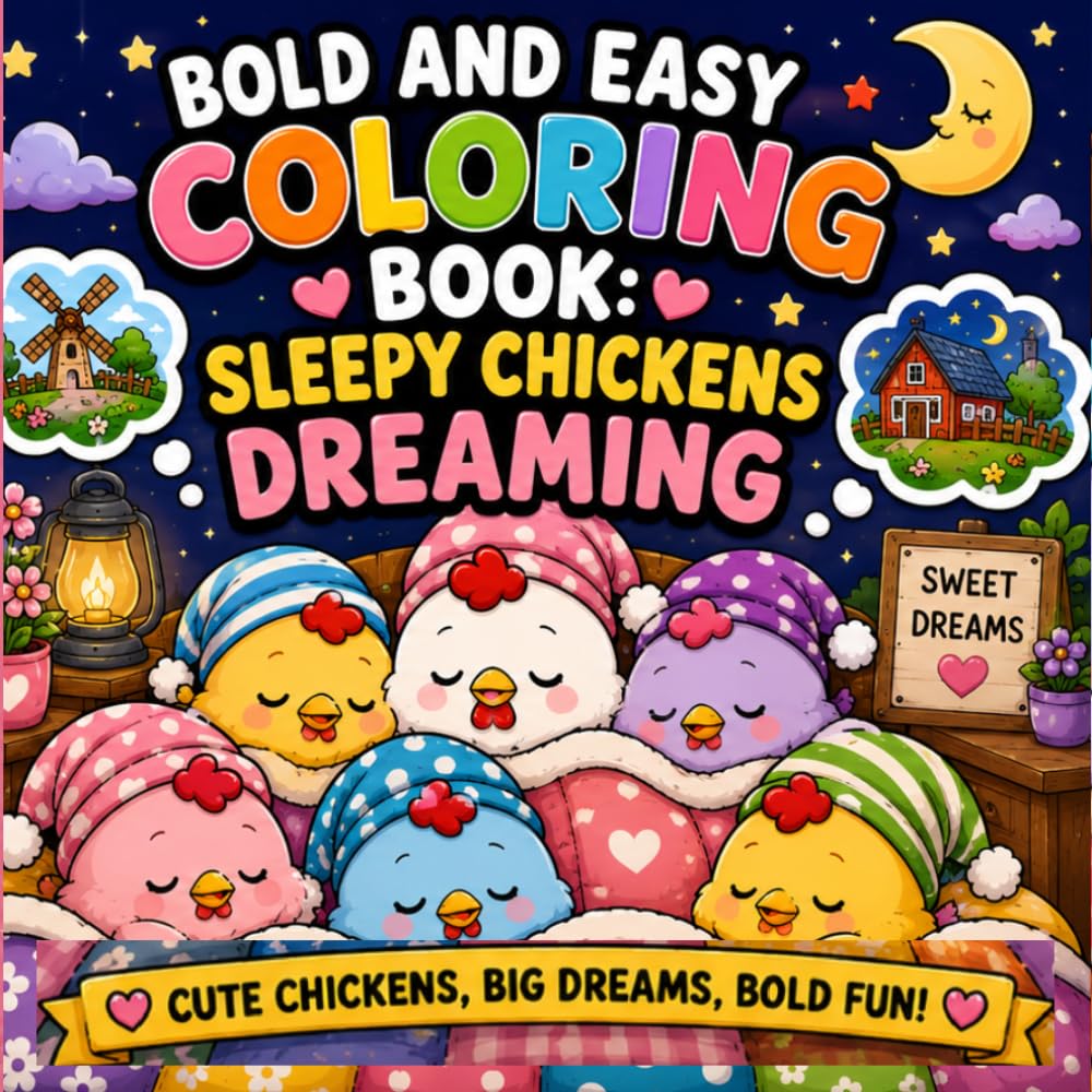 Bold and Easy Coloring Book Sleepy Chickens Dreaming: Simple Relaxing Pages for Creative Coloring Fun