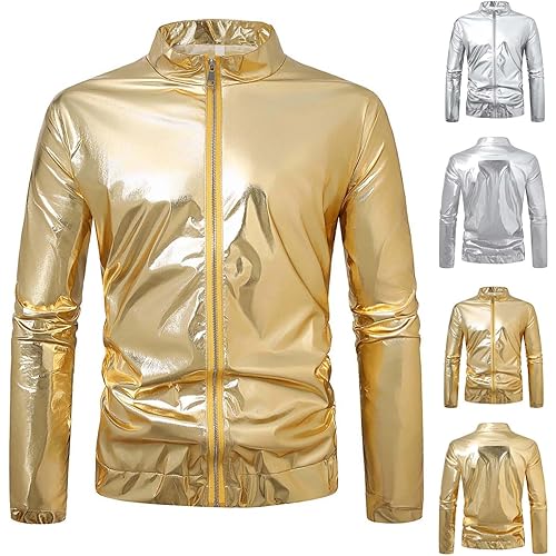 Men’s Metallic Jacket Shiny Gold Silver Coat Zip Up Party Dance Clubwear Hip Hop Stage Performance Festival Outerwear