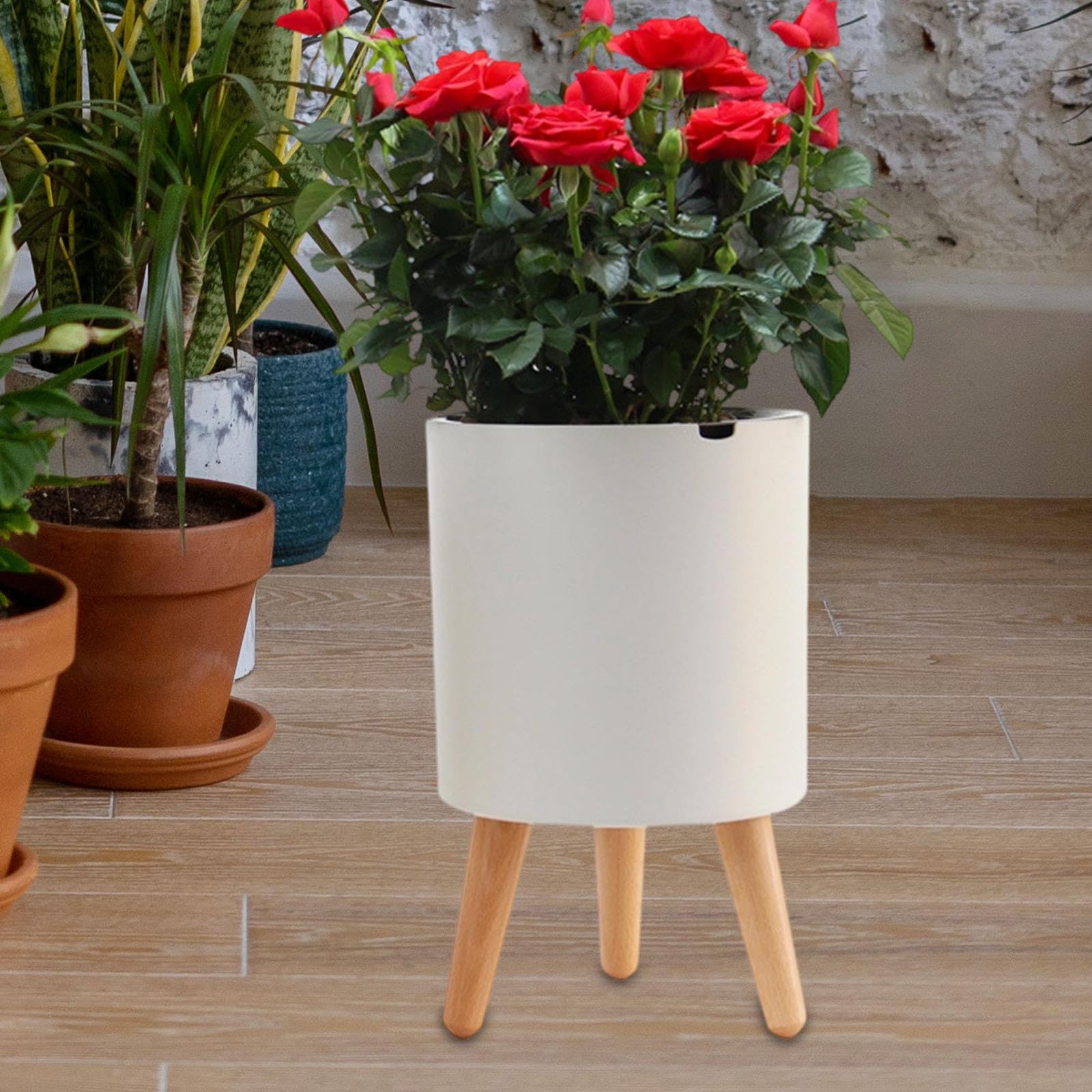 Vaso da Fiori Autoportante con Gambe in Legno E Indicatore di Livello dell'Acqua Basso, Fioriera Decorativa in Resina, Adatta per Casa, Ufficio, B, Bianco