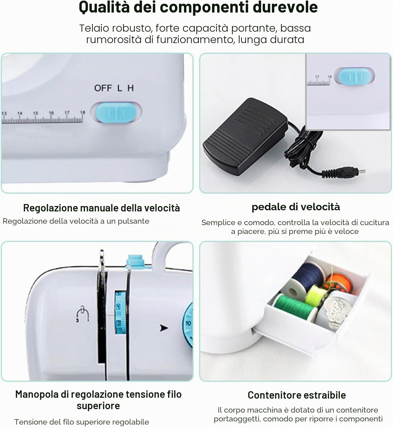 Mini macchina da cucire per principianti, 12 punti, per uso domestico, macchina da cucire multifunzione a doppio filo per bambini, alimentata a corrente e batteria, con luce LED (Blu)