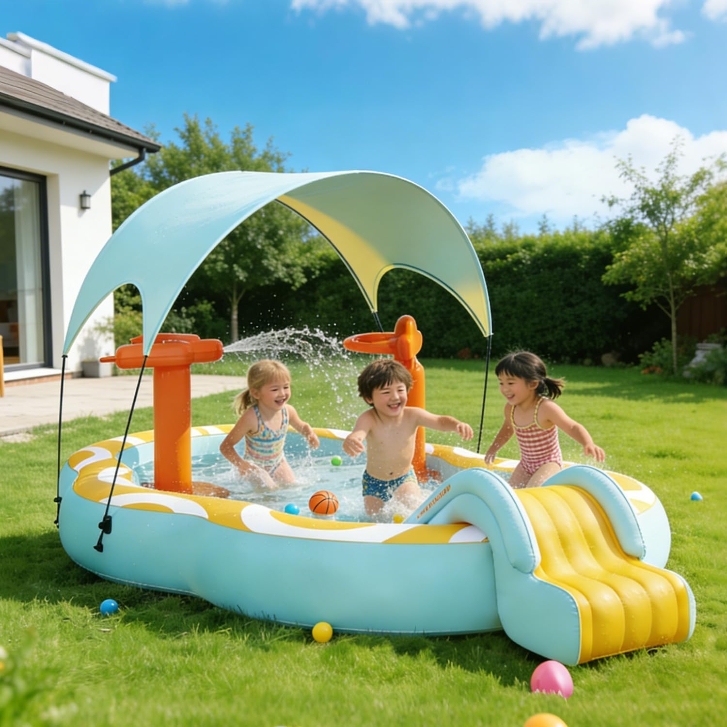 10FT Inflatable Pool for Kids Ages 2+ - Colorful Kids Pool with Slide, Water Gun & Basketball Hoop, with Canopy Outdoor Backyard Blow Up Pool for Summer Family Play