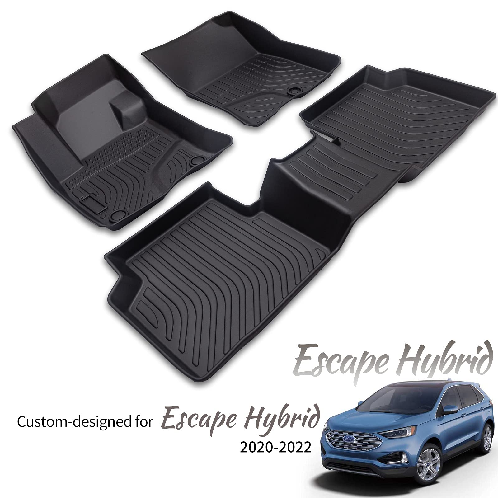 KELCSEECSKELCSEECS Floor Mats Custom for Ford Escape Hybrid/Plug-in Hybrid 2020 2021 2022 2023 Waterproof Car Mats All Weather Mats Heavy Duty Automotive Floor Liners Front& Rear Row Full Set Accessories