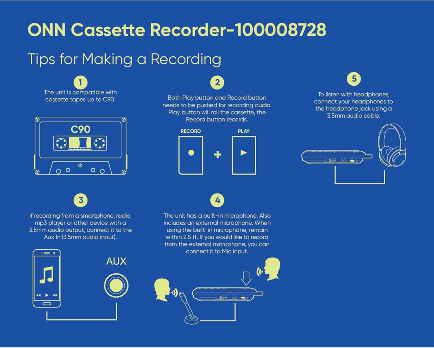Onn Groove Cassette Recorder with Built-in & External Microphones (100008728)™