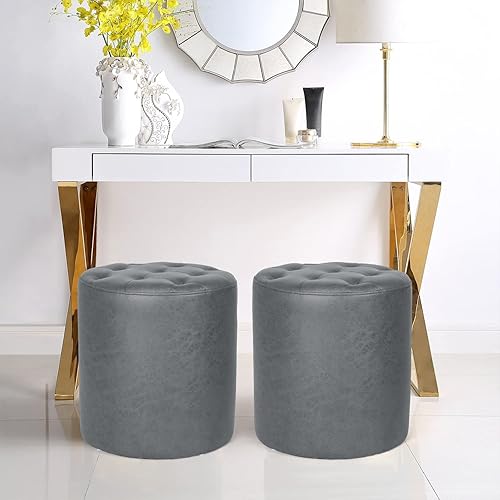 Miniatura 7 de Joveco Reposapiés redondo otomano, taburete tapizado para sala de estar, dormitorio, oficina en casa (gris oscuro)