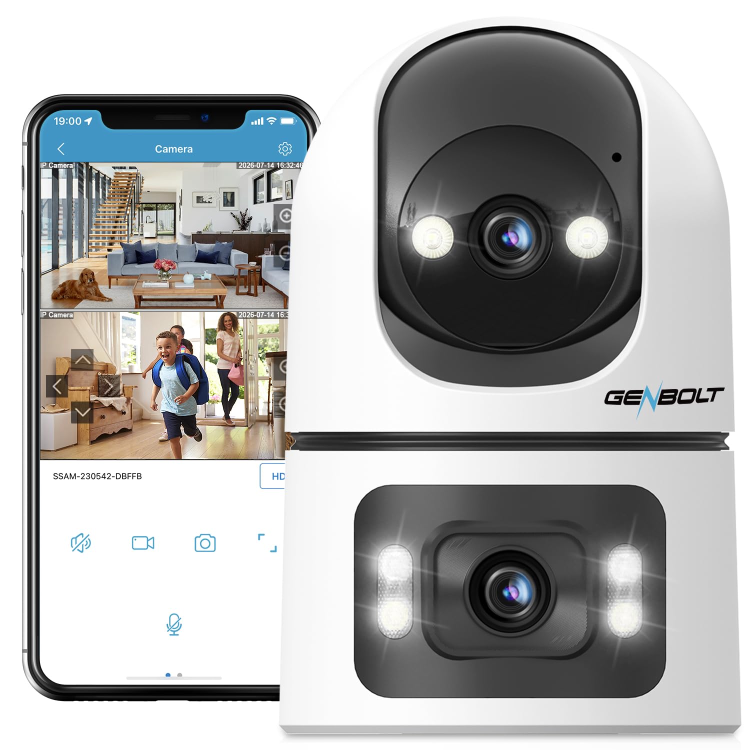 GENBOLT Telecamera di Sicurezza Wi-Fi Per Interni, Videocamera per neonati | 2MP+2MP, Vista a 360°, Rilevamento tramite IA, Baby Monitor, Audio bidirezionale, Tracciamento automatico, 2.4&5GHz