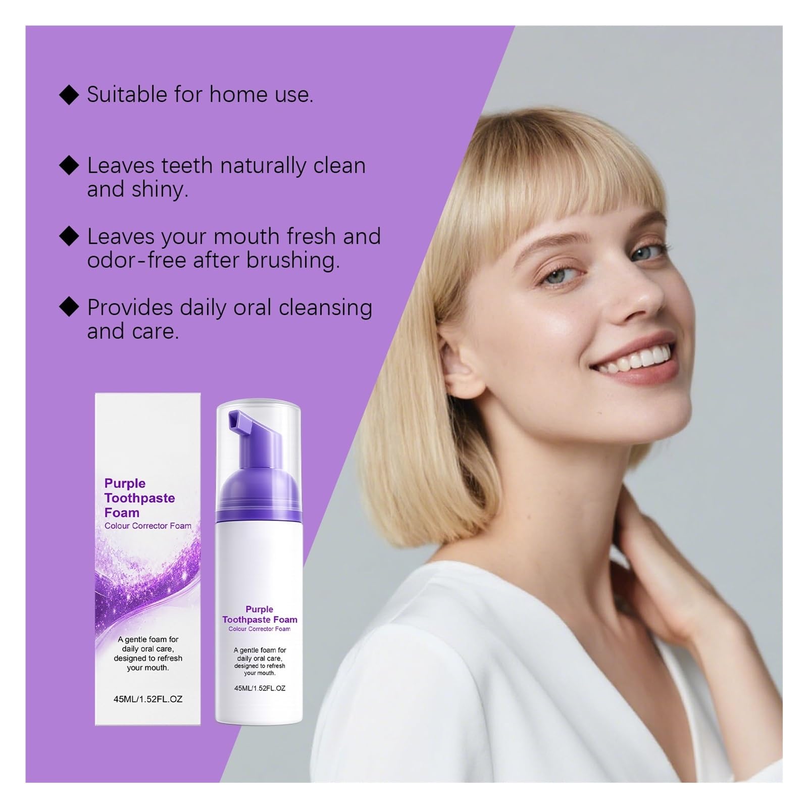 Mousse limpiadora de dientes morados de 45 ml | Mejora eficazmente el esmalte dental amarillento, cuidado bucal portátil for viajes(3pcs)
