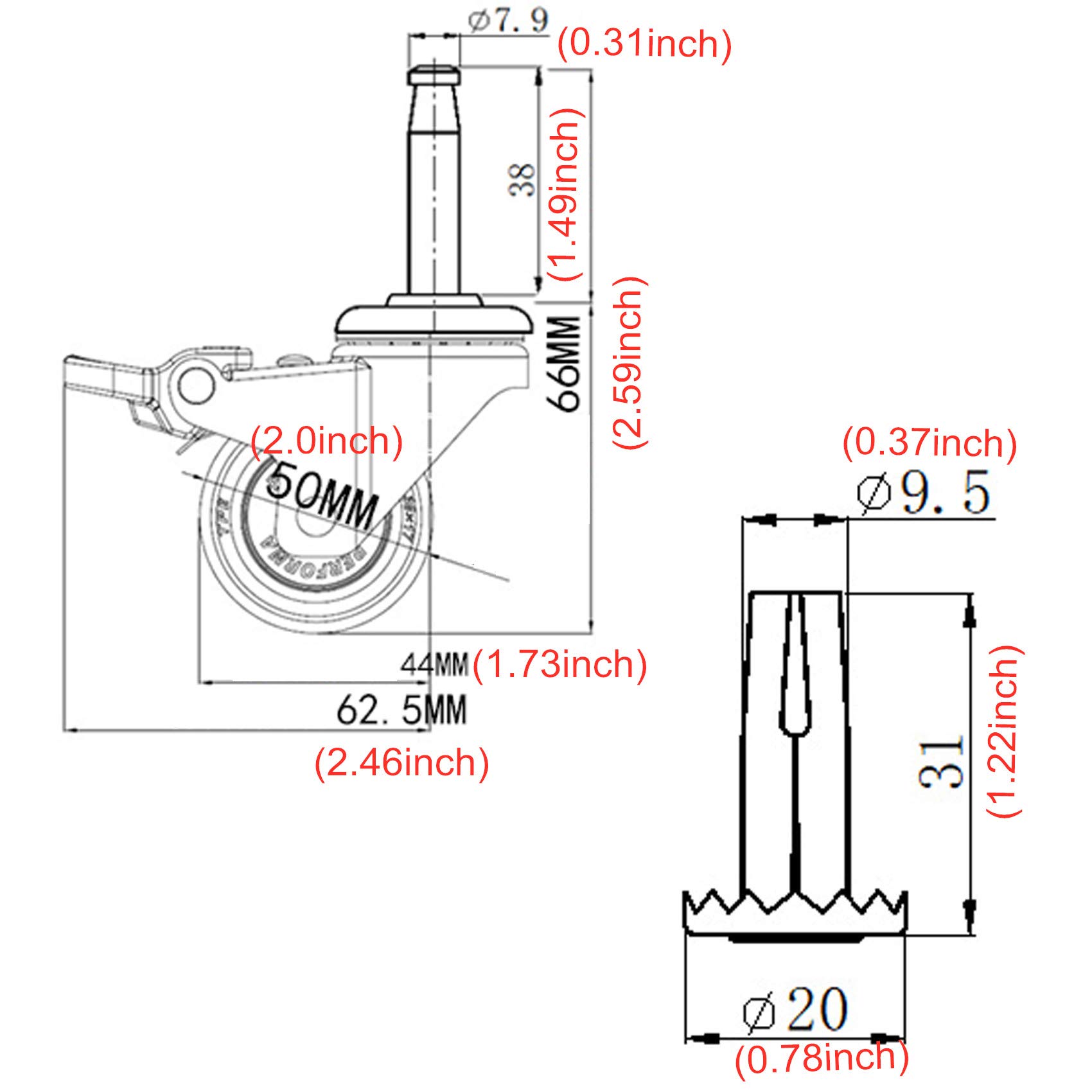 Lenkrollen, strapazierfähig, 4er-Pack, Möbelrollen, 1,5/2 Zoll, Lenkrollen, Gummirad mit Bremse, 360 Grad drehbar, Präzisionskugellager, mit 8 mm x 38 mm Befestigungsholzschaft, Ba