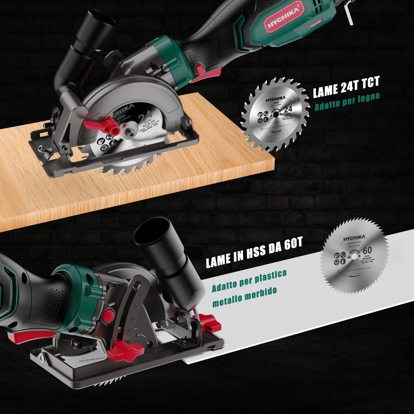 HYCHIKA Mini Sega Circolare 750W 3500RPM, Sega Compatta con 3 Lame (2 * 24T+1 * 60T) per Legno, Metallo, Taglio Inclinato 45°/90° (Profondità Max 48mm), Fai da Te