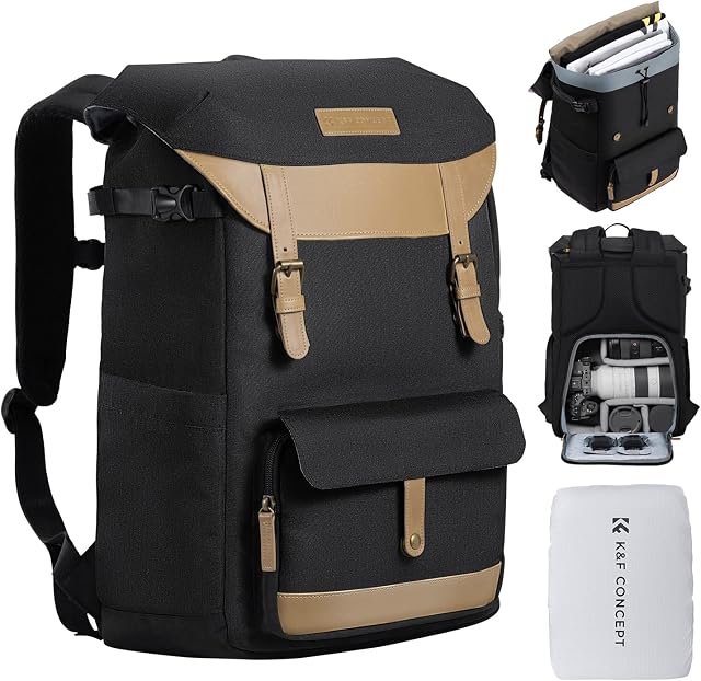 K&F Concept Sacs à dos pour photographes Sac de voyage pour appareil photo trépied Lence Accessoire avec compartiment portable et housse de pluie Sacs multi-fonctionnels pour appareils photo Dslr DSLR Sac avec compartiment pour ordinateur portable 15.6 Poches noires