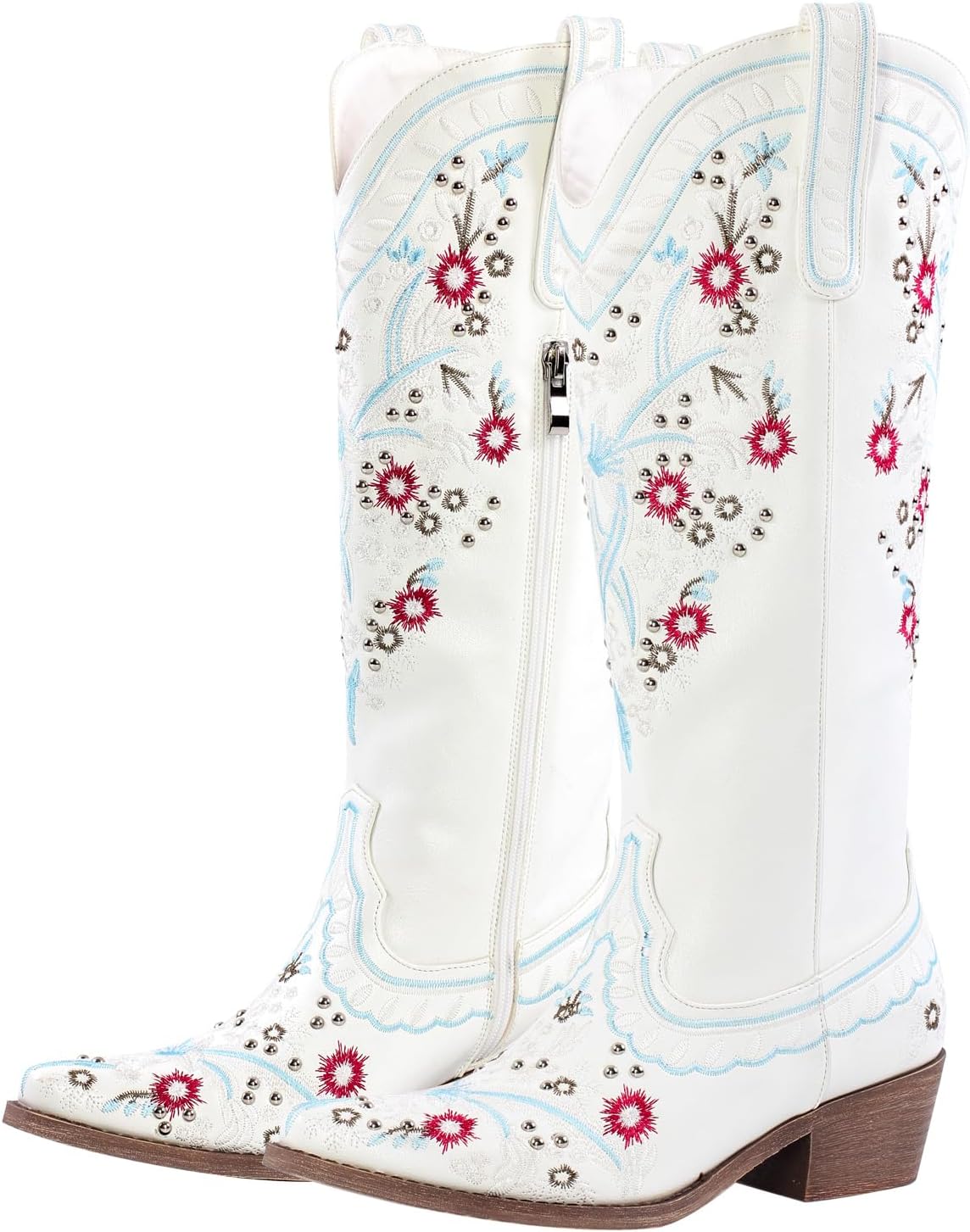 sexytag Women's Embroidered Western Cowboy Boots Floral Embroidery Cowgirl Boots Studded Pointed Toe Knee High Boots