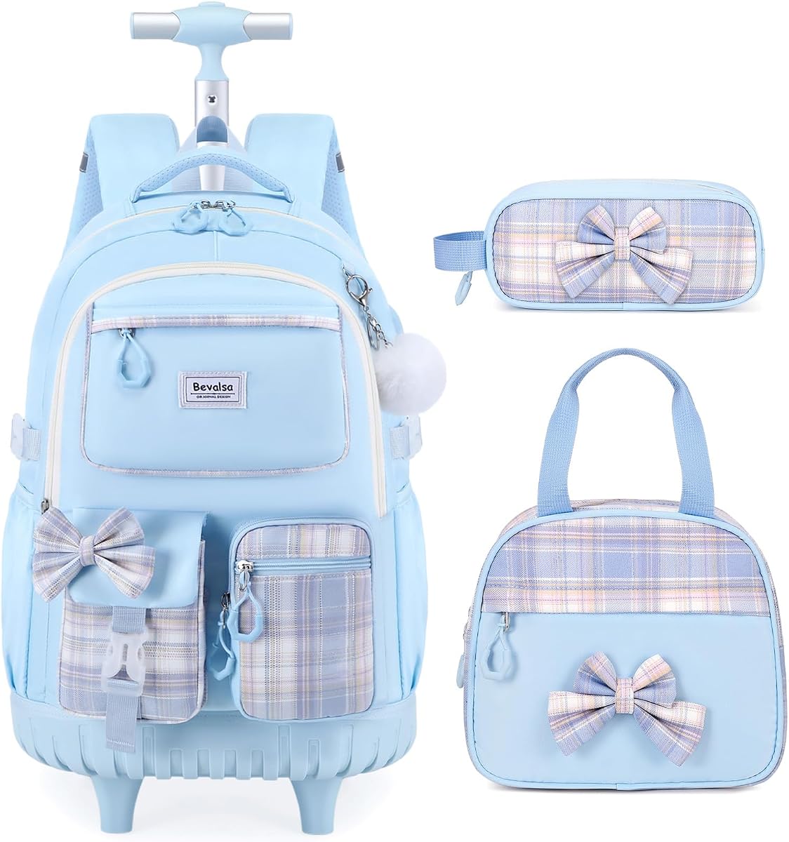 Rolling Backpack for Girls, Roller Backpack with Wheels | Cute Bow Plaid Wheeled School Bookbag Set with Lunch Bag & Pen Case, Suitcases for Kids Teens Elementary Middle Student