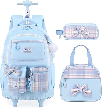 Bevalsa Rolling Backpack for Girls, Roller Backpack with Wheels | Cute Bow Plaid Wheeled School Bookbag Set with Lunch Bag & Pen Case, Suitcases for Kids Teens Elementary Middle Student