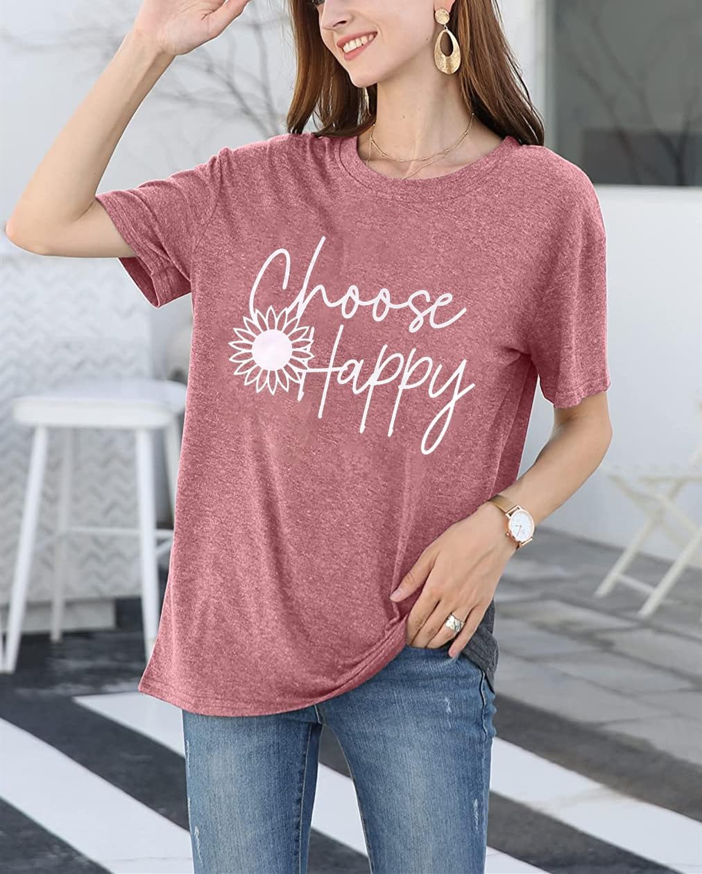Graphic Tees for Women Choose Happy Letter Print Shirts Sunflower Women T Shirt Inspirational Short Sleeve Casual Tops - Image 2