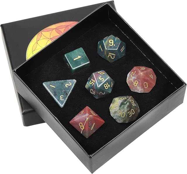 KYEYGWO Indian Agate Crystal Polyhedral Dice Set, 7 Pieces Table Games Dice for Dungeons and Dragons RPG DND Dice Board Game Dice