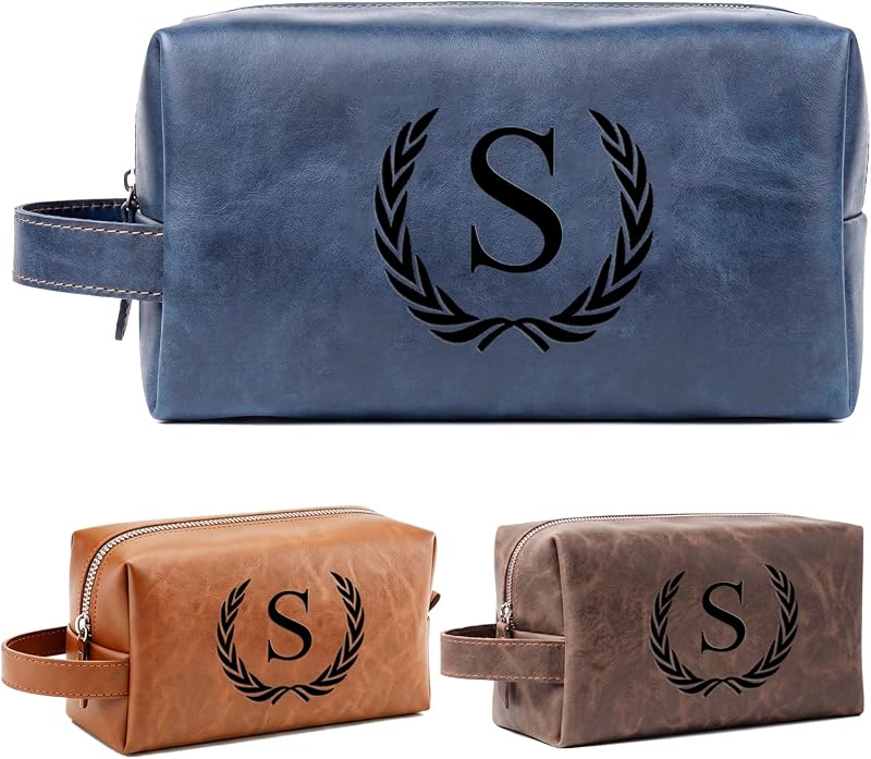 Necessaire de viagem XUMGCUTM em couro PU azul com zíper, personalização com iniciais, tamanho S