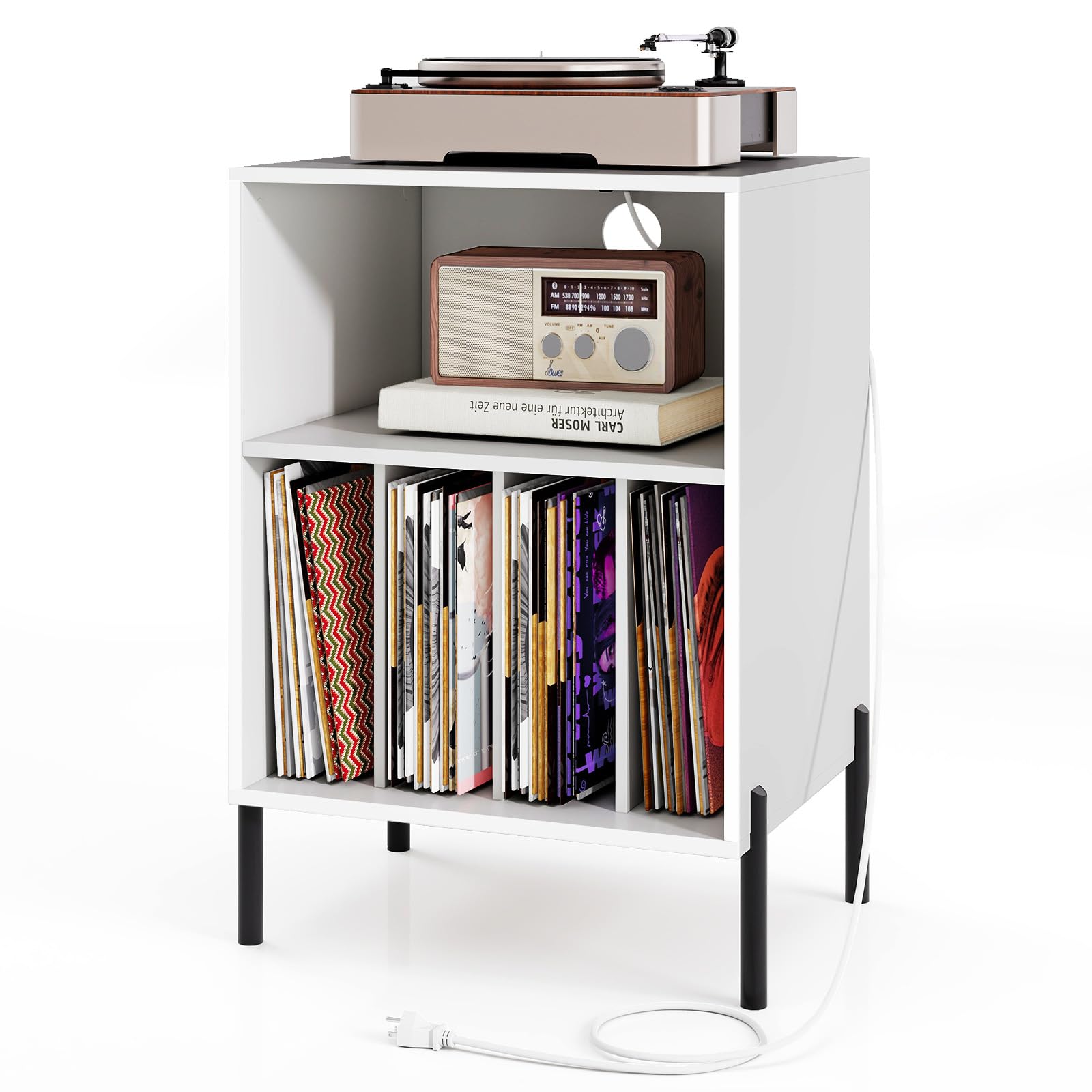 Giantex Record Player Stand with Charging Station, Turntable Stand with Storage Cabinet, Record Player Shelf with Metal Legs, Vinyl Record Storage up
