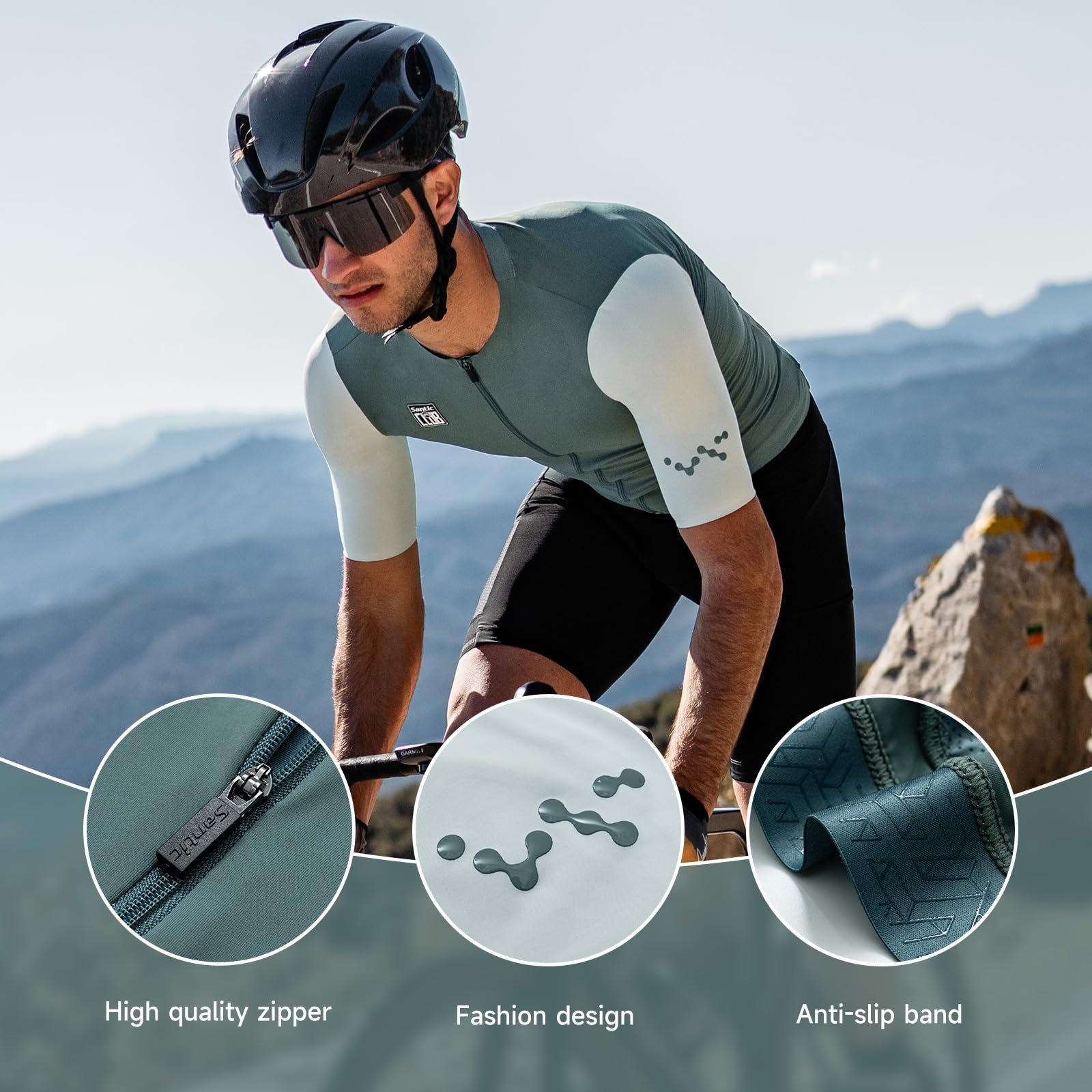 Santic Herren Radtrikot Kurzarm Tops Pro Rennrad Shirt Full Zipper UPF 50+ Fahrradtrikot mit Taschen
