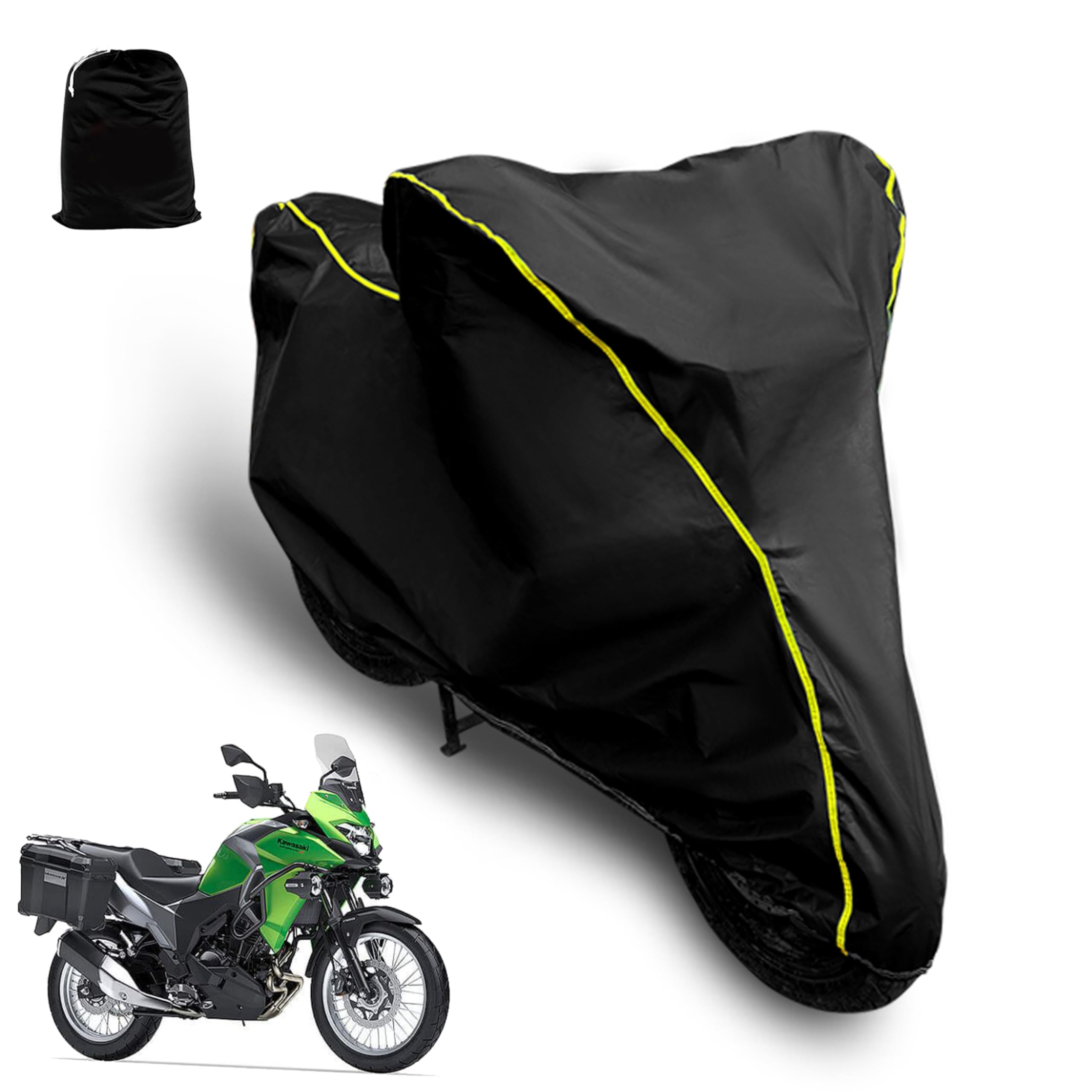 Waterproof Bike Cover Compatible with Kawasaki Versys X 300 Cover with All Weather Protection and Triple Stitch, Heavy Buckle with Storage Bage & Black with Yellow Piping