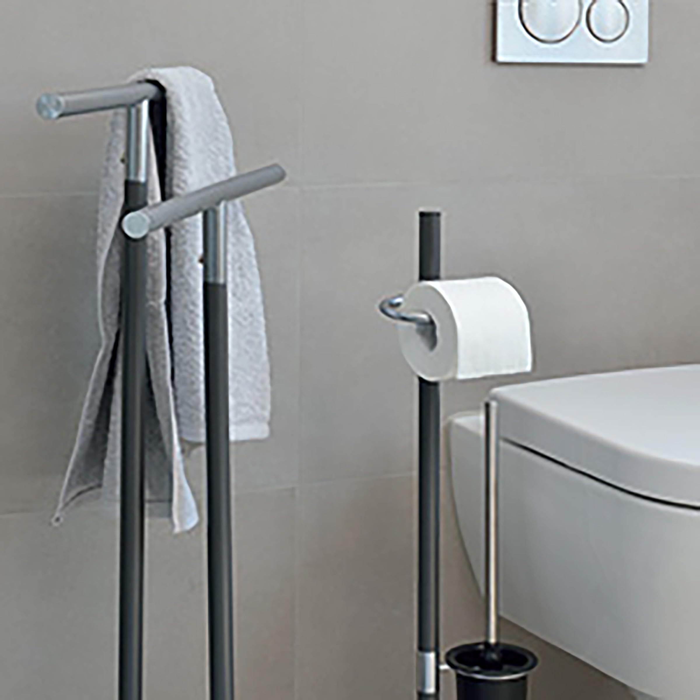 kela Juego de baño con portarrollos y escobillero de 76,5 cm, escobilla de baño con soporte abierto SINERIO, metal antracita-plata mate