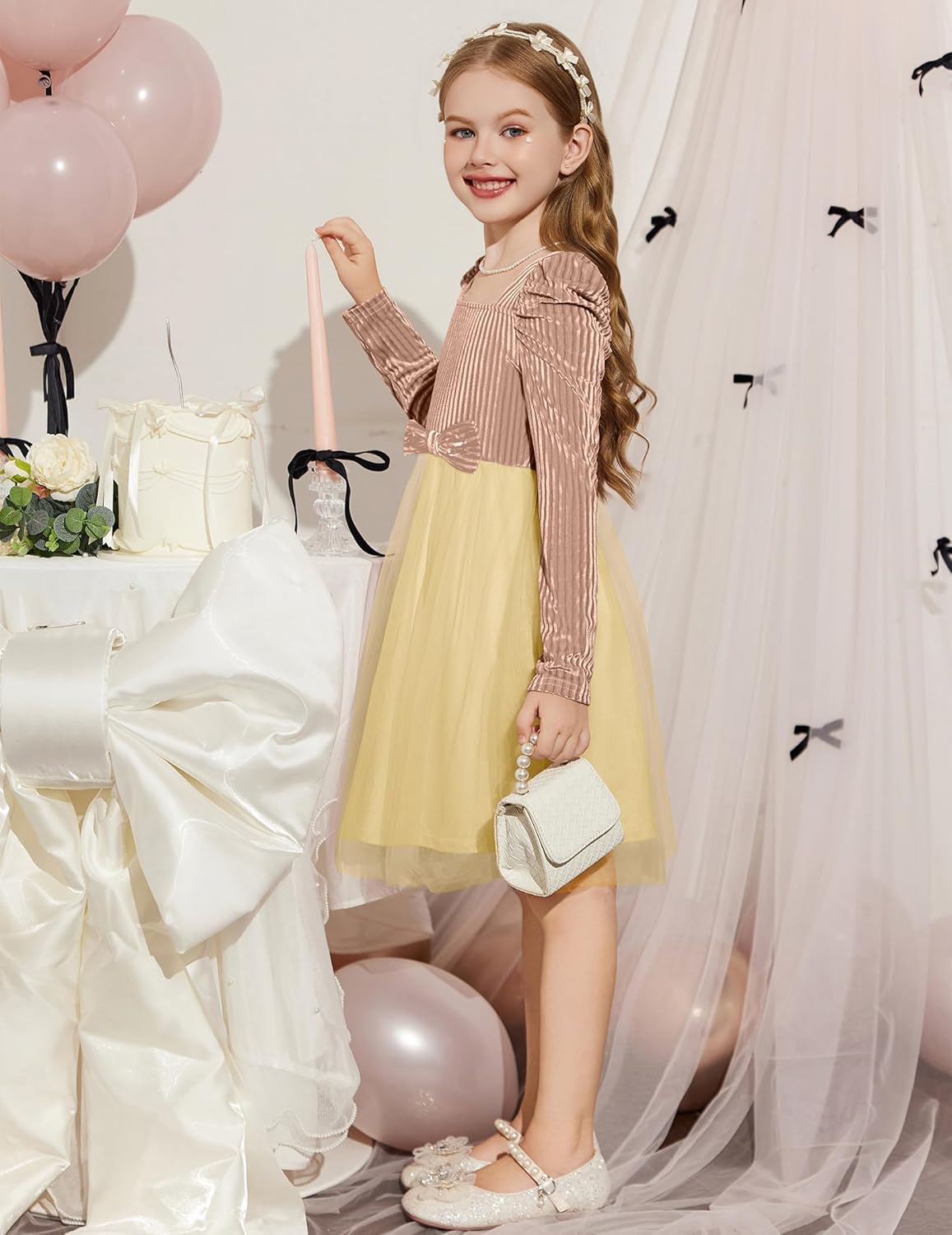 Arshiner Toddler Girls Velvet Dresses Square Neck Fall Winter Long Sleeves Dress for Holiday Party 3-8Y - Image 6