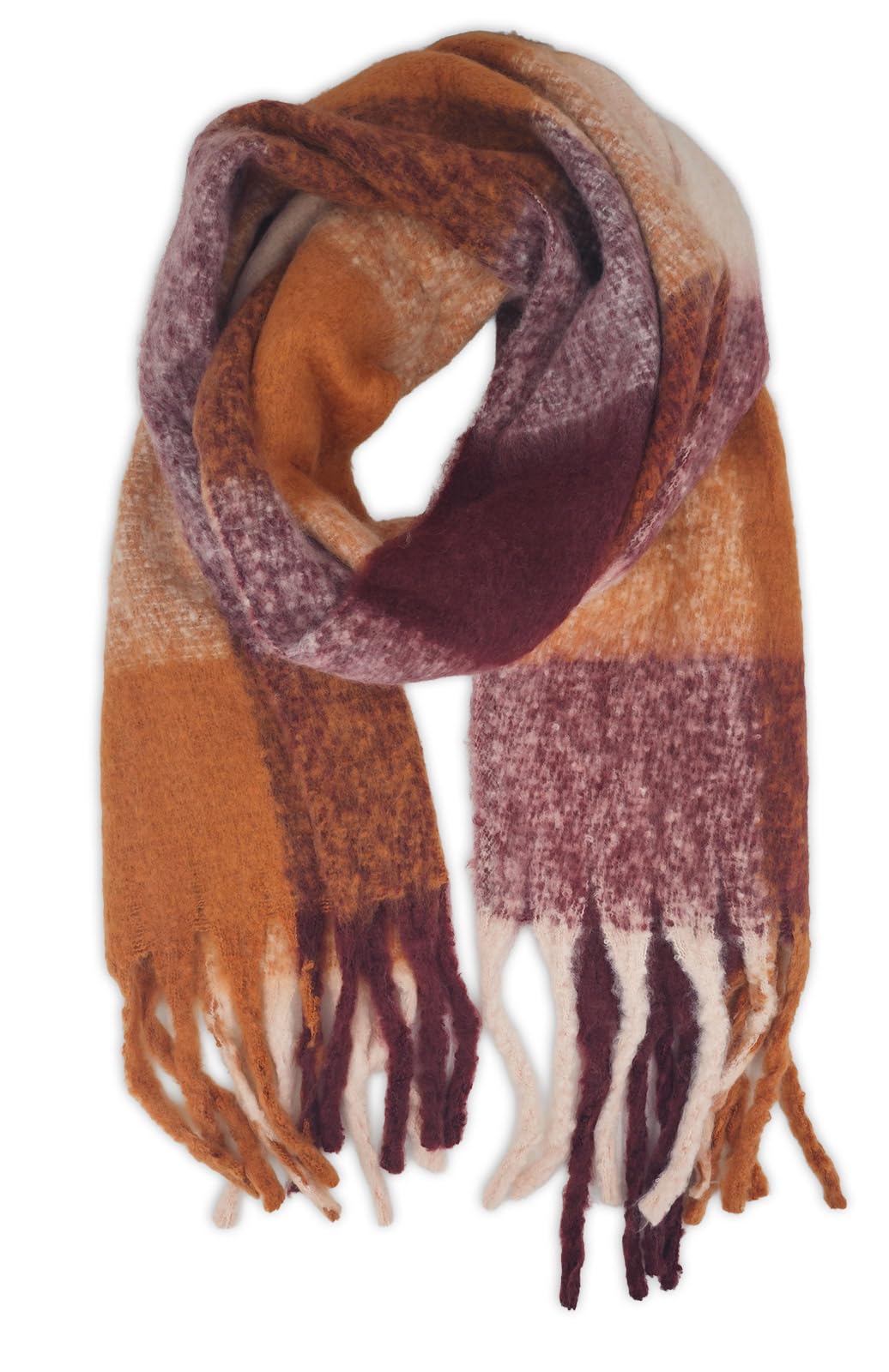 styleBREAKER Women's Woven Scarf with Plaid Pattern | Long Scarf with Thick, Long Fringes | Soft Winter Knitted Scarf Warm Material Stole, Cognac-Bordeaux-Cream