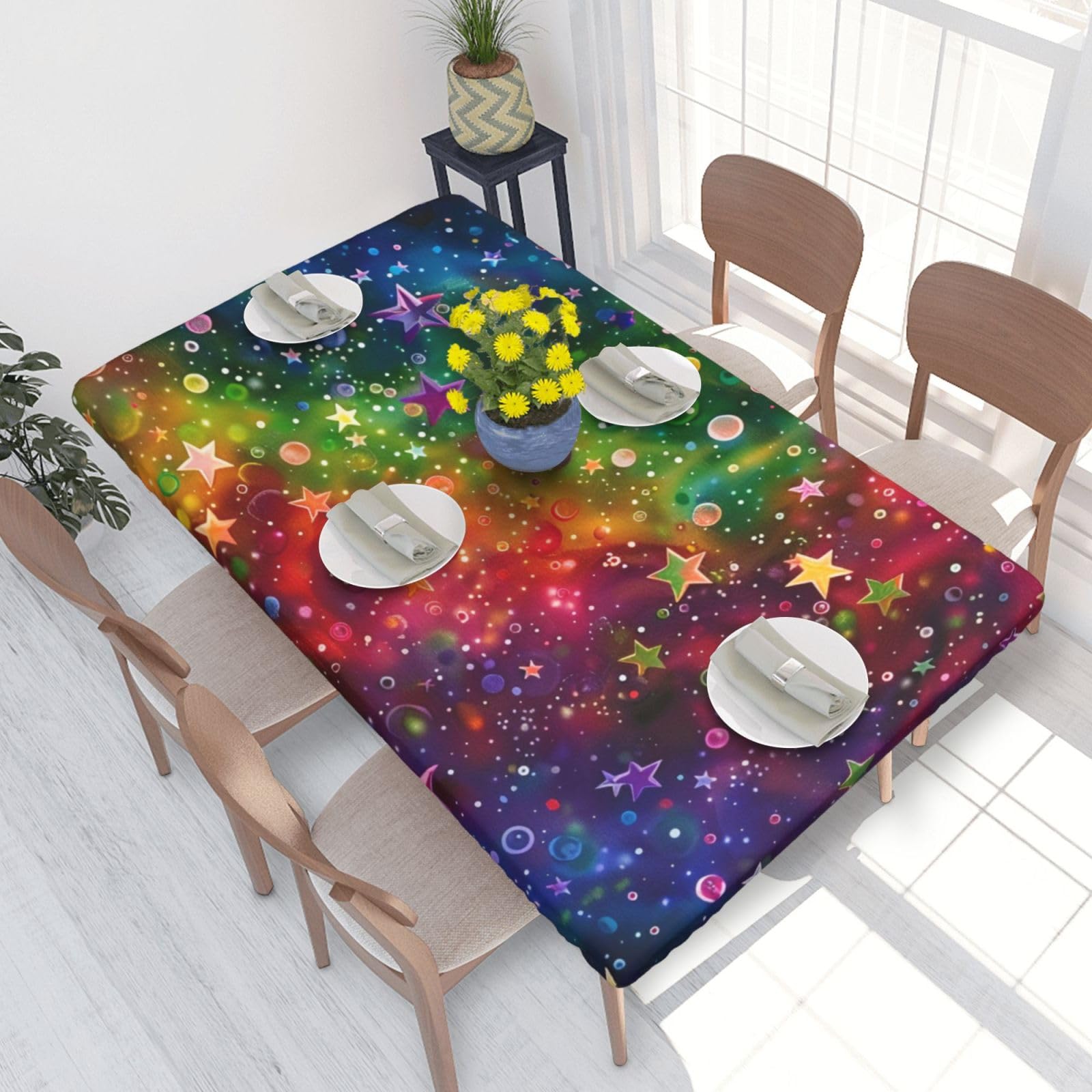 WPKJU Colorful Rainbow Stars Printed Tablecloths 4ft Rectangular Table Covers Washable Polyester Decorative Table Cloth for Dining Table Picnic Wedding