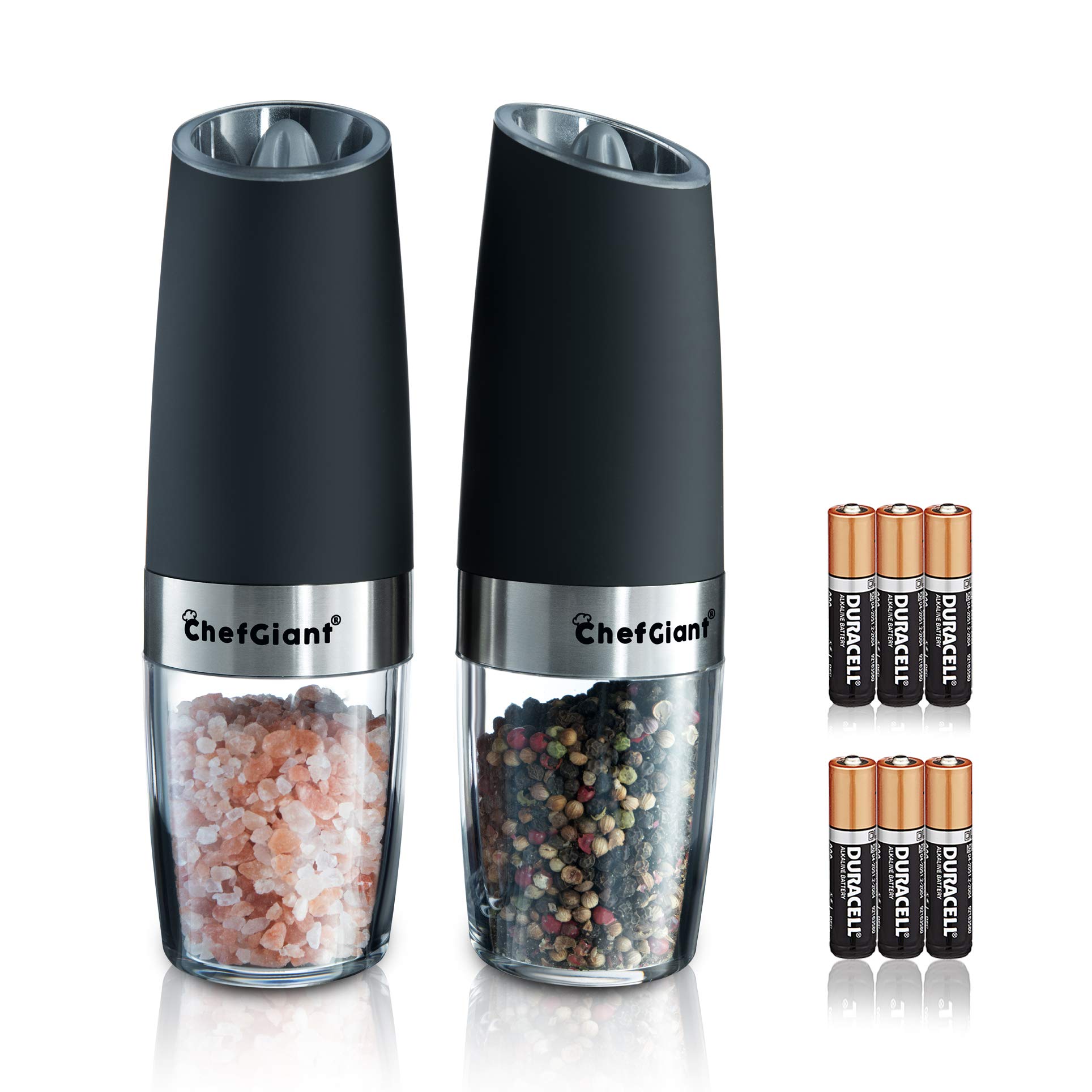 Automatic Spice Grinder Set | Refillable Electric Salt and Pepper Mills with Gravity-Activated Operation, LED Light & Adjustable Coarseness | Bonus Batteries, Spoon & Brush | Black