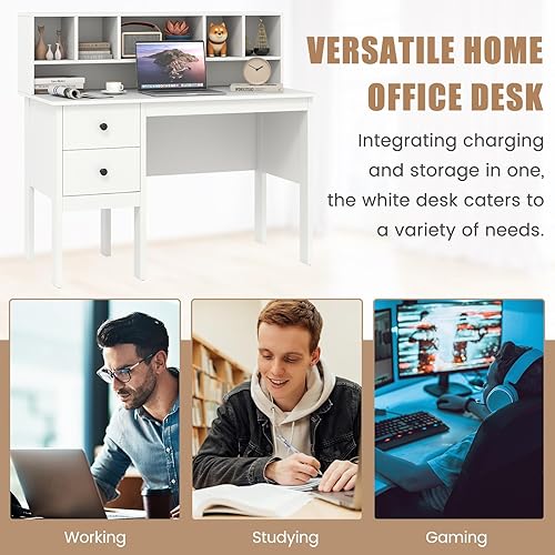 Miniatura 7 de COSTWAY Escritorio con puertos de carga USB y tomas de corriente, escritorio de computadora de 48 pulgadas con cajones y gabinete de 5