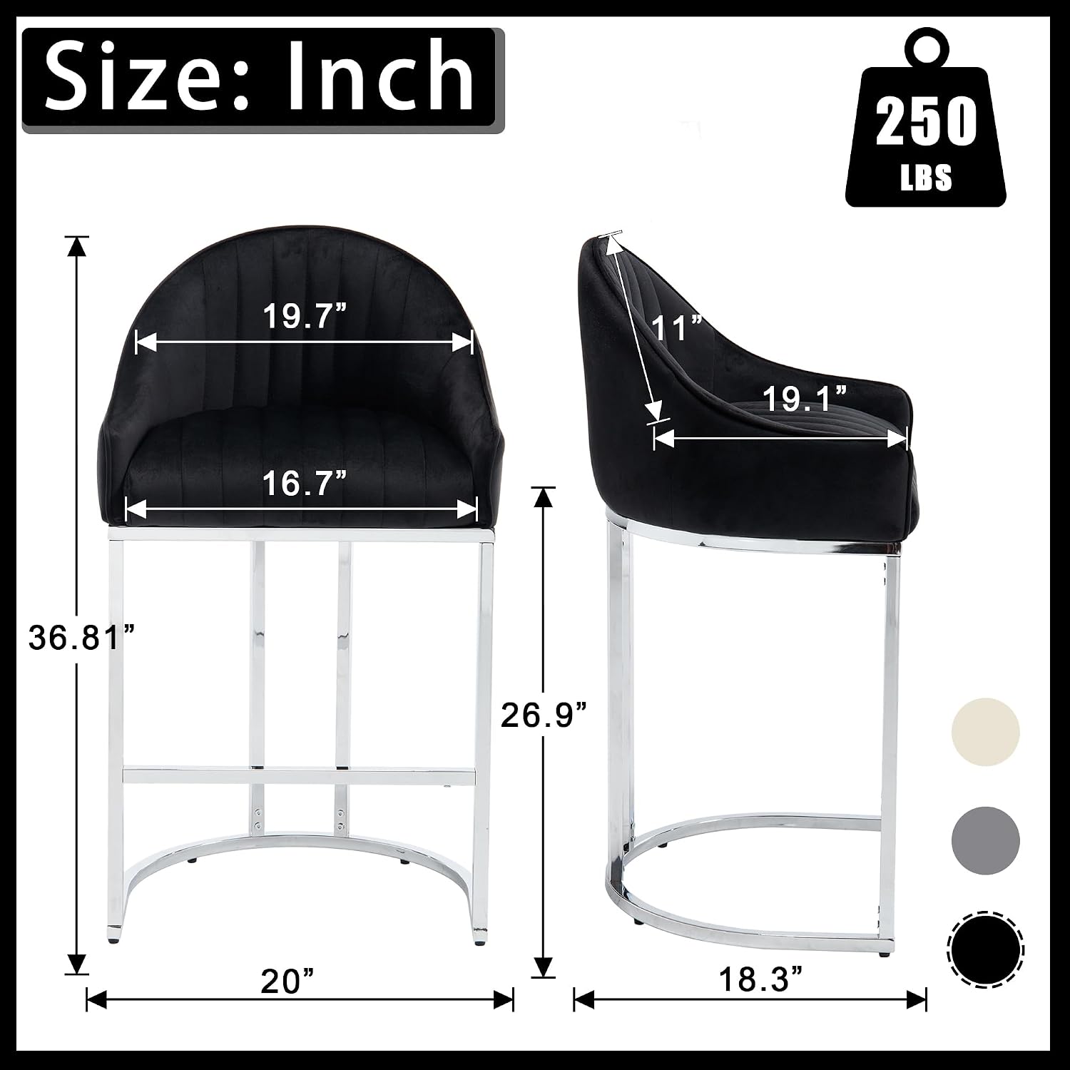 27 Inch Bar Stools Set of 2, Counter Height Barstools Kitchen Island Chairs with Silver Legs, Velvet Upholstered Barstools with Back, Black