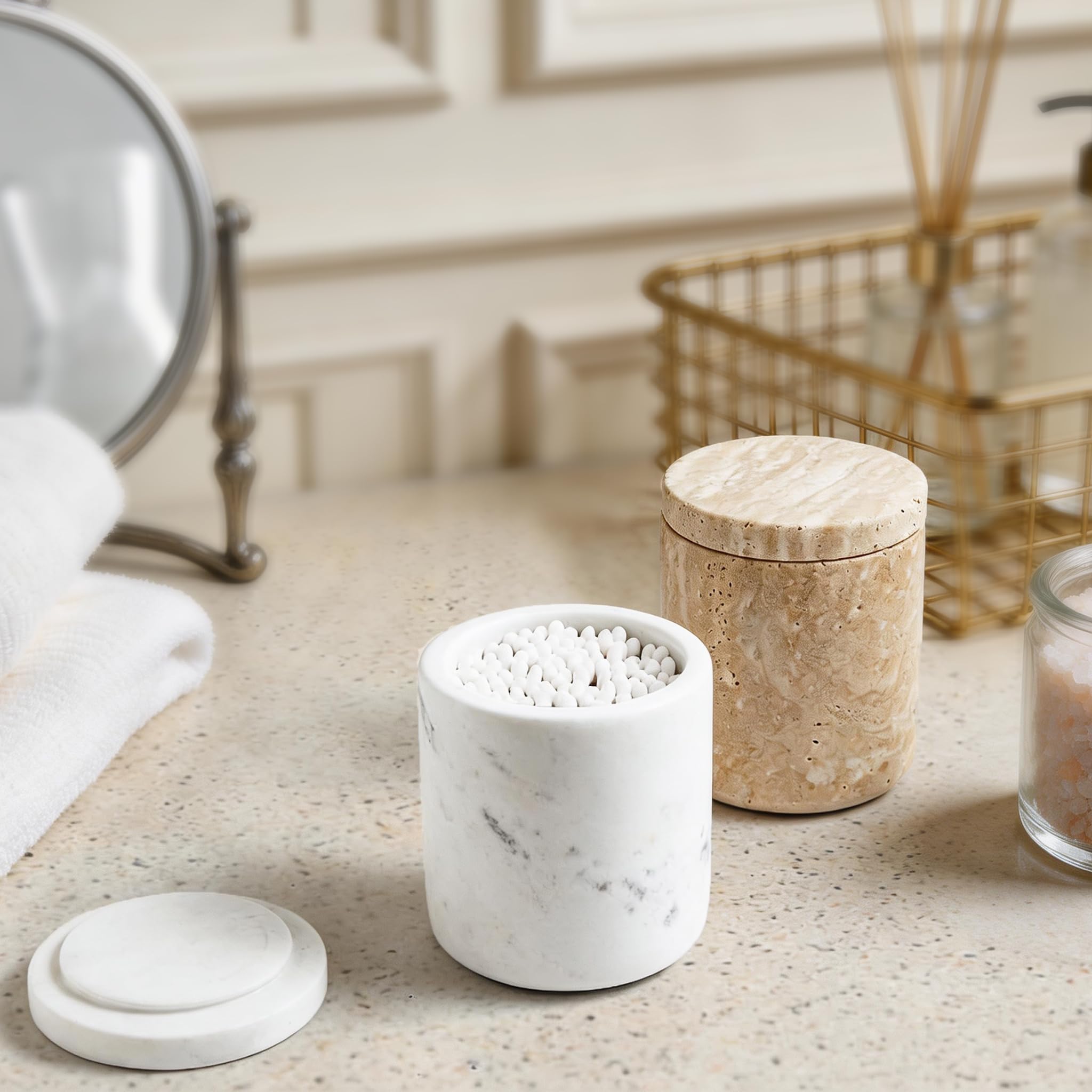 Contenitore in marmo naturale per batuffolo di cotone con coperchio, grande capacità, per batuffolo di cotone, per trucchi, sali da bagno, bianco