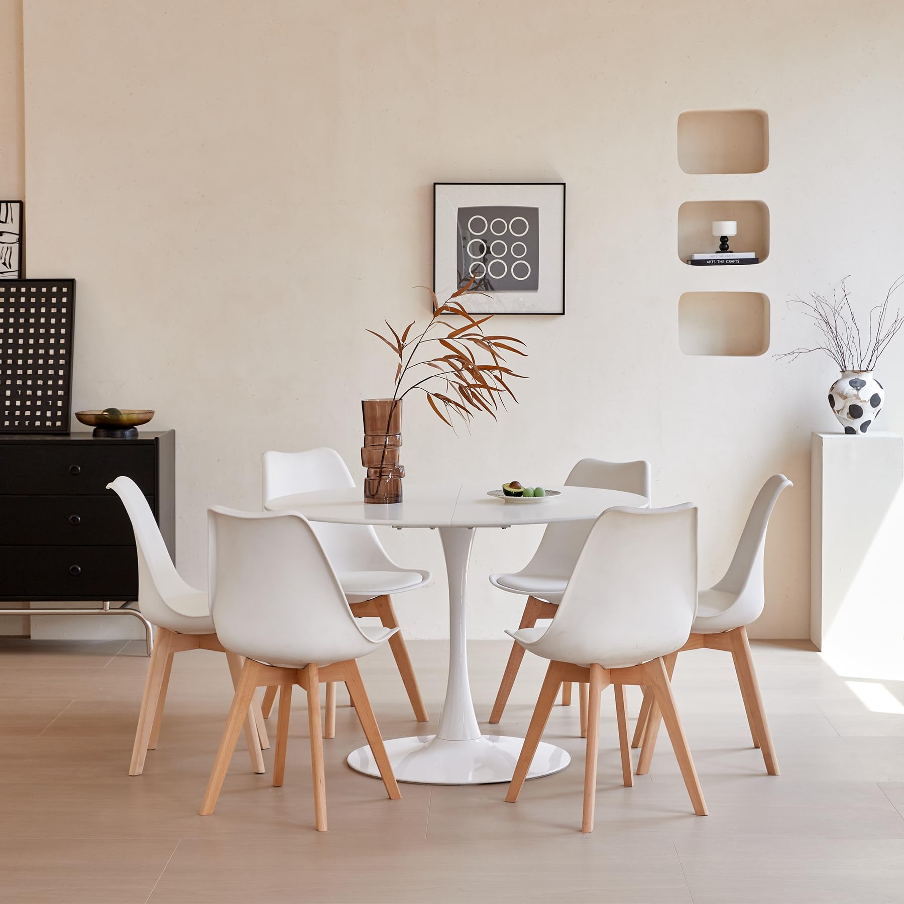 Mesa de Comedor Redonda y 6 Sillas Comedor Apto para Comedor, Cocina, Salón, Oficina, Café, 6 Sillas Blancas et Table à Manger Blanche (Diámetro: 110cm, Altura : 75cm)