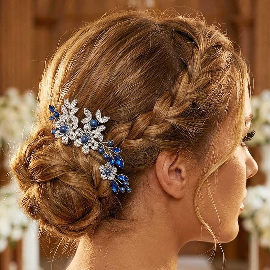 Casdre Crystal Bride Wedding Hair Pins Silver Pearl Bridal Hair Pieces Flower Hair Accessories for Women and Girls(Pack of 3) (B Blue) - Image 5