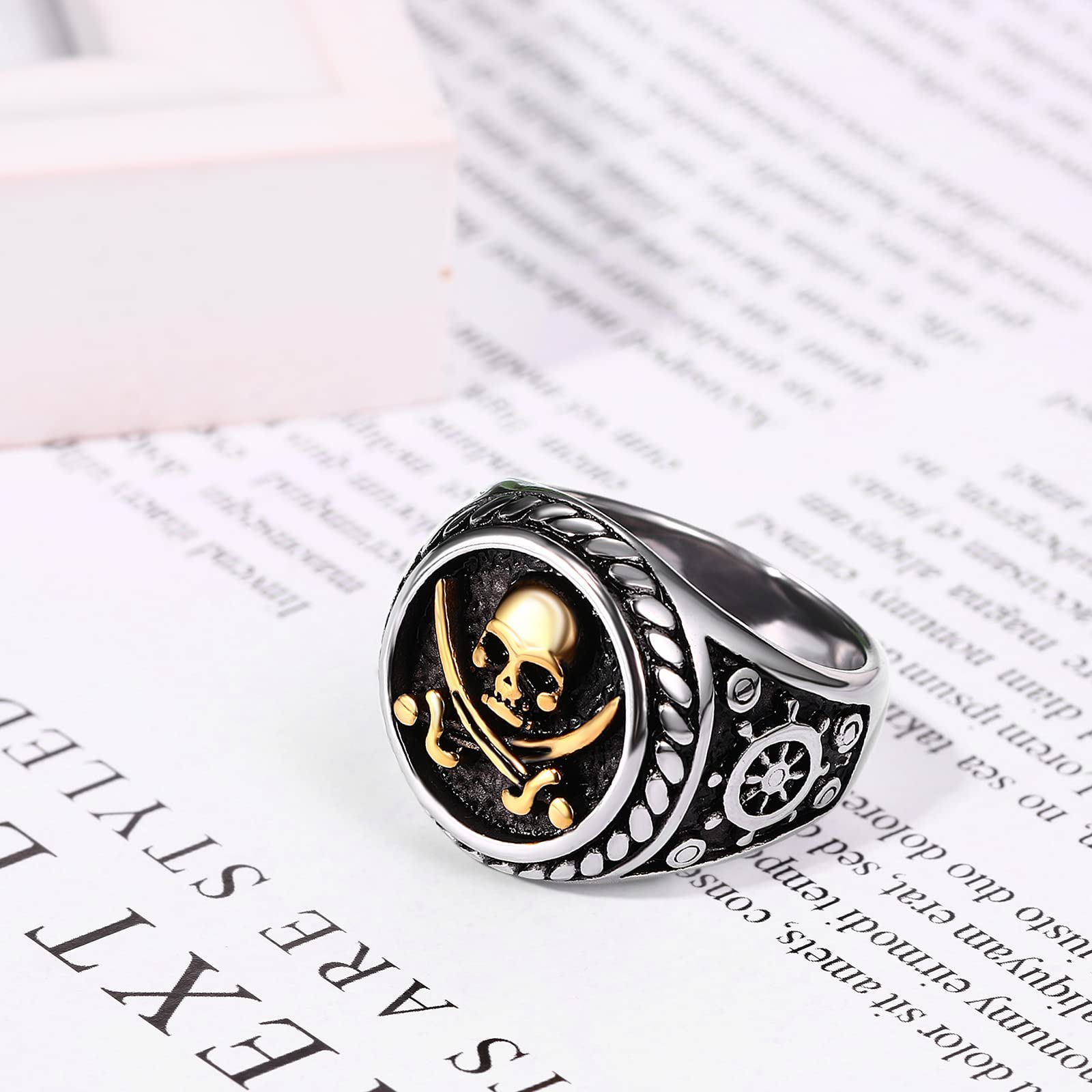 JewelryWe Męskie pierścienie z czaszką vintage fajny punkowy nóż piracki śmierć rowerzysta pierścionki opaska na Halloween przyjęcie koktajlowe