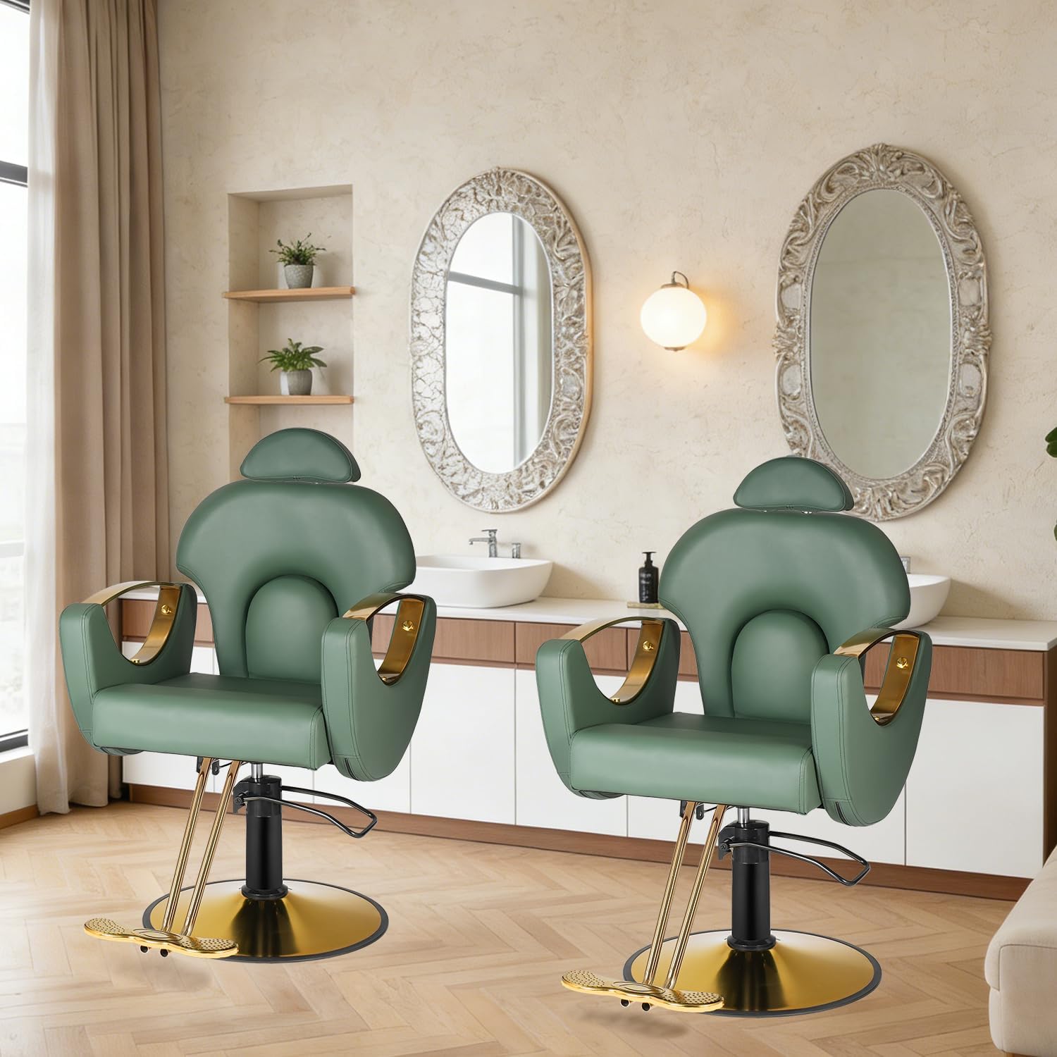 Reclining Salon Chair, Heavy Duty Hydraulic Styling Chair for Hair Stylist with Adjustable Headrest, 360° Swivel, Multi-Use for Hair Stylists, Spa & Tattoo Artists (Elegant Green Gold)