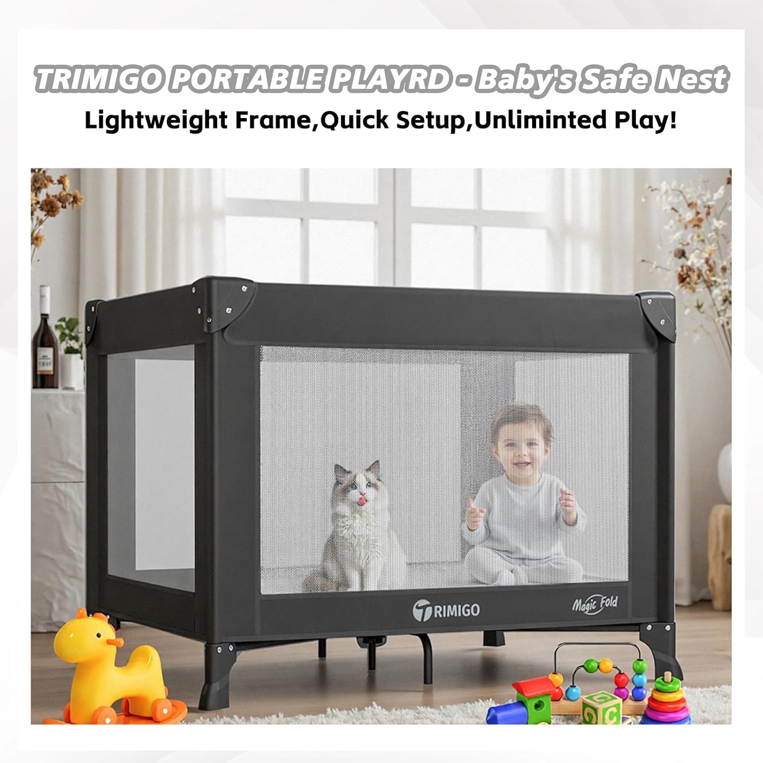 Portable Travel Crib & Playpen - Baby Safe Folding Travel Bed w/Mattress, Breathable Mesh | Compact Lightweight Baby Bed | Pack and Play for Babies & Toddlers (Black)