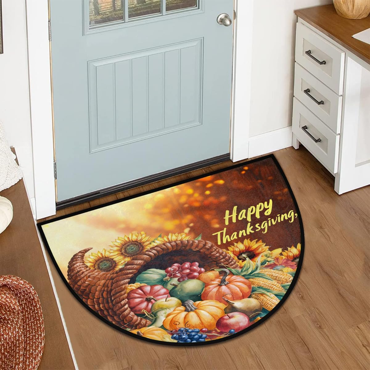 Thanksgiving Autumn Food Half Round Doormat Washable Semi Circle Rug Non Slip Half Moon Rug Floor Mat for Indoor Outdoor Bathroom Kitchen Fireplace Entryway Bath Holiday Decor