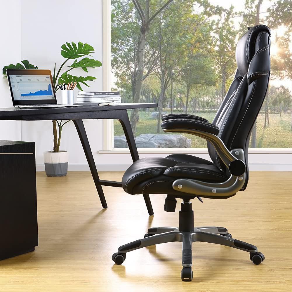 OWLN PHILI High Back Executive Chair Leather Office Computer Chair with Flip-Up Armrest, Ergonomic Managerial Desk Chair, Thick Padding, Rocking Function (Black) : Office Products
