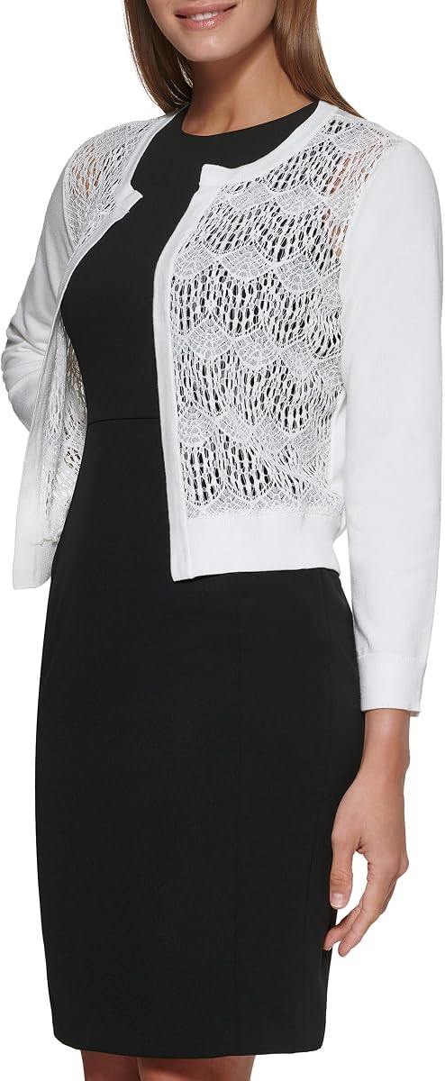 DKNY Women's Long Sleeve Jewel Neck Scalloped Lace Open Front Waist Length Shrug