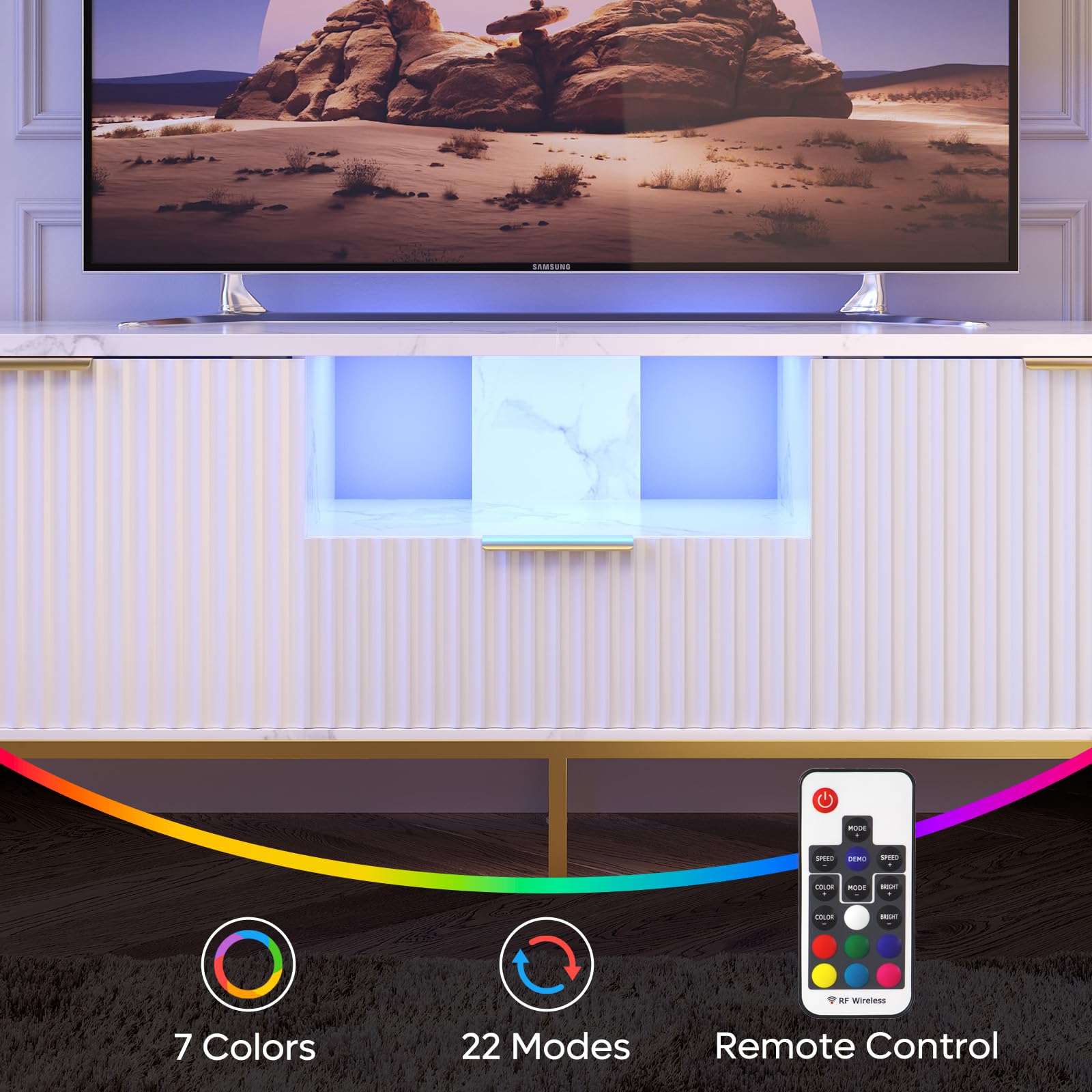 Bestier Mobile TV con superficie scanalata per TV da 32/60", moderno centro di intrattenimento con spazio di archiviazione, console multimediale con motivo ondulato per soggiorno e camera da letto