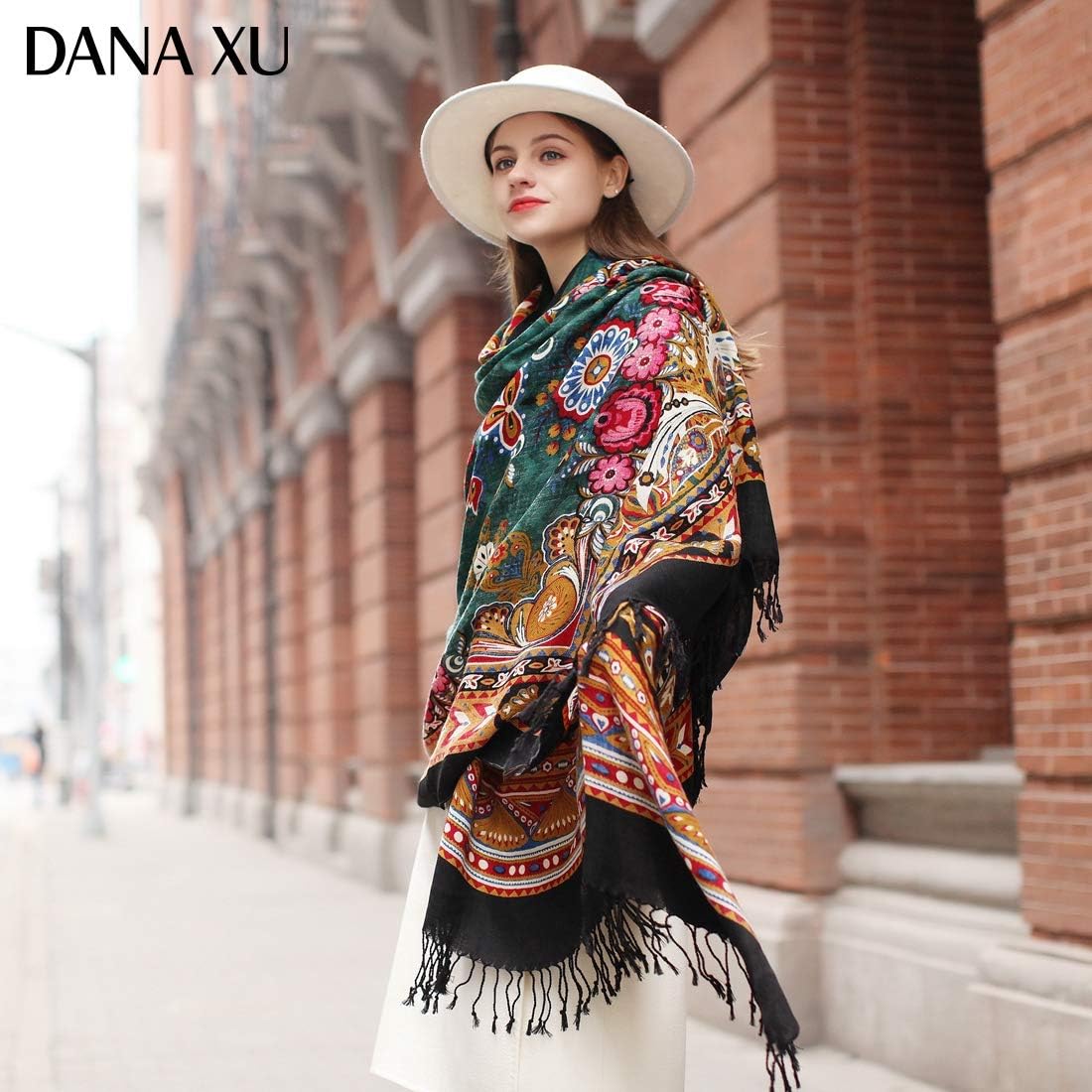 DANA XU 100% Merino Wool Pashmina Shawl for Women 96"x43", Oversized Cashmere Wrap with Tassels, Floral Travel Blanket Cape - Image 7