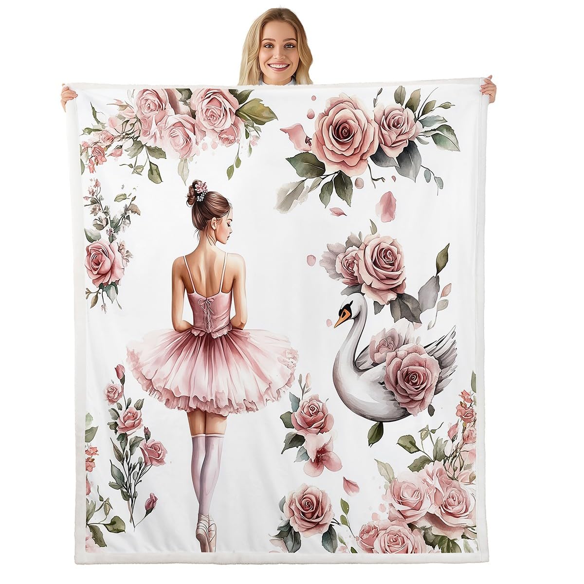 feelingyou Ballet Girl Fleece Blanket,Princess Dancing Theme Vintage Pink Roses Flowers Bed Blanket for Adults Teens,White Swan Romantic Floral Room Decor,Super Soft Flannel Blanket,40"x50" — image 1