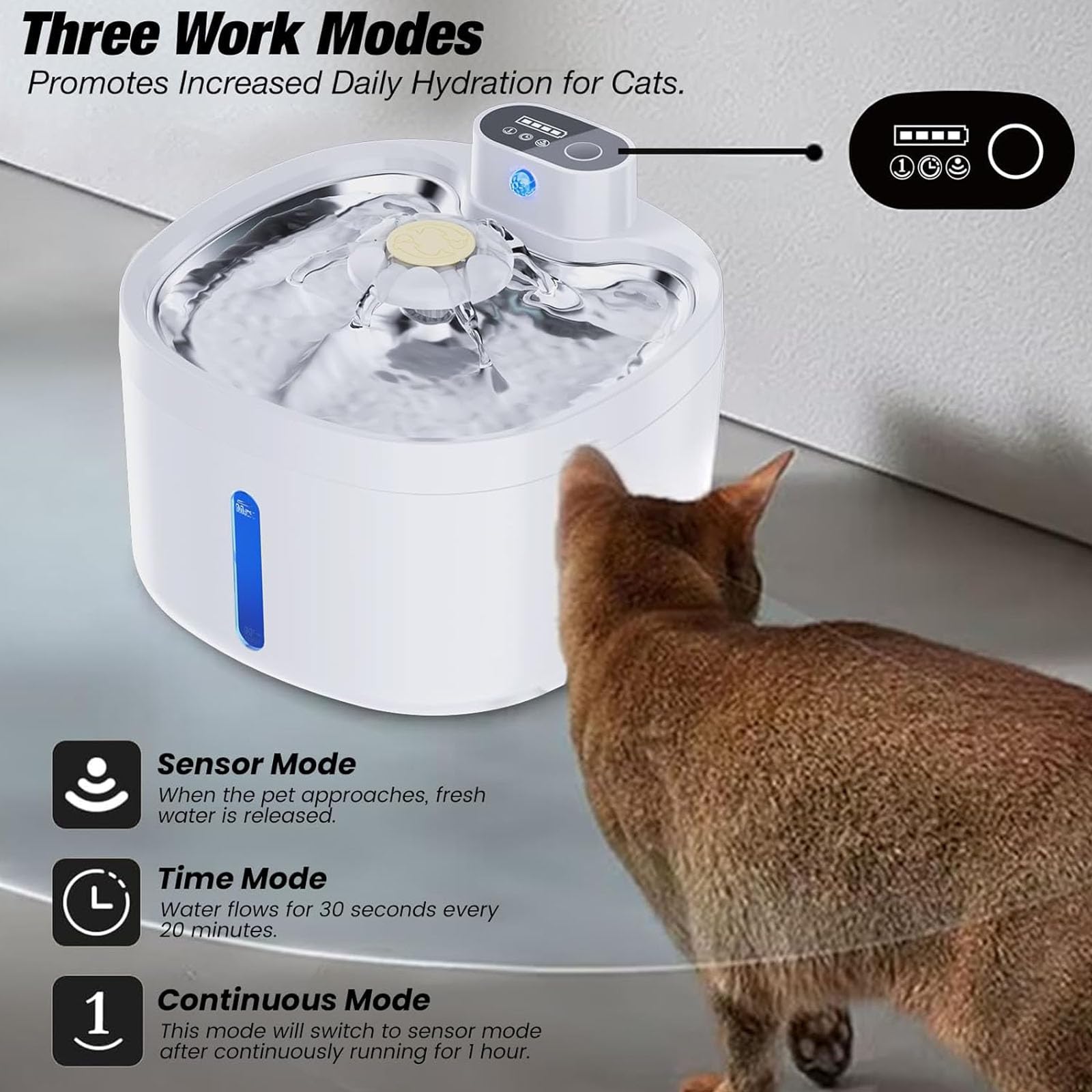 Fontana per Animali Domestici 88Oz/2,6L, Distributore Automatico di Acqua per Gatti E Cani con Filtri di Ricambio, Vassoio in Acciaio Inossidabile, Facile da Pulire per Gatti E Cani