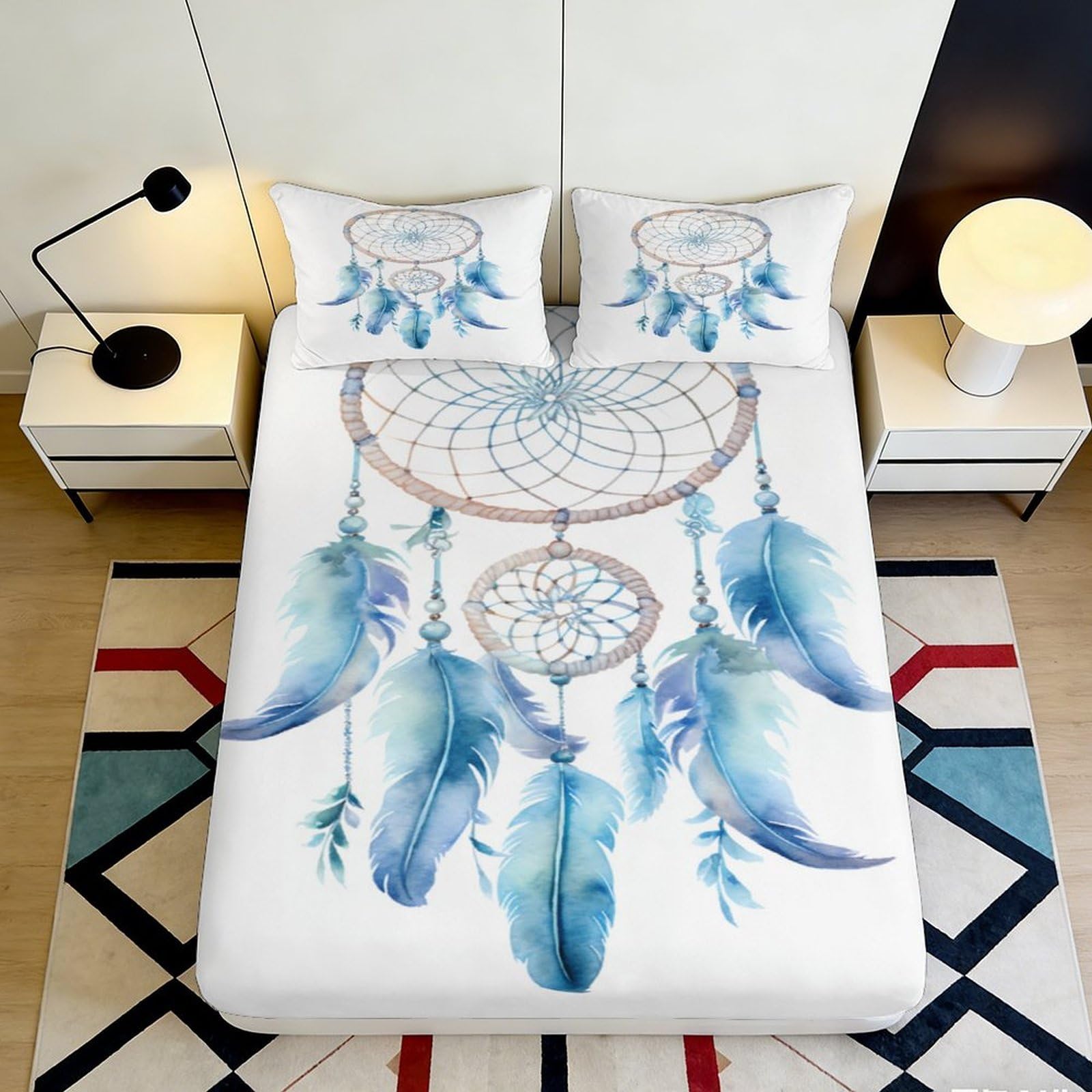 3D Printed Dreamcatcher Feather Fitted Sheet Microfiber Soft Anti-Slip Mattress Cover for Bedroom Dorm Decor 140x200x25cm