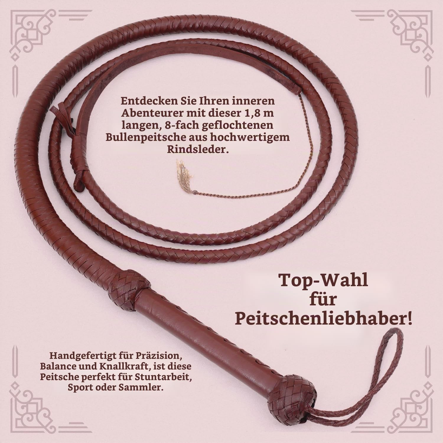 Echte Rindsleder Leder Bullwhip, 08 Fuß lang und 08 Stränge flechten Indiana Jones Stil Bullenpeitsche, Dunkelbraun