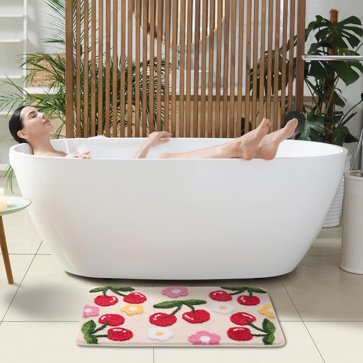Anybar Beige Bathroom Rugs Cute Cherry Bath Mat Coloful Bathroom Accessories, Funny Flower Rug Non Slip Floor Mat, Machine Washable Bath Rug Soft Microfiber Carpet for Shower, Tub (20x32 inch)