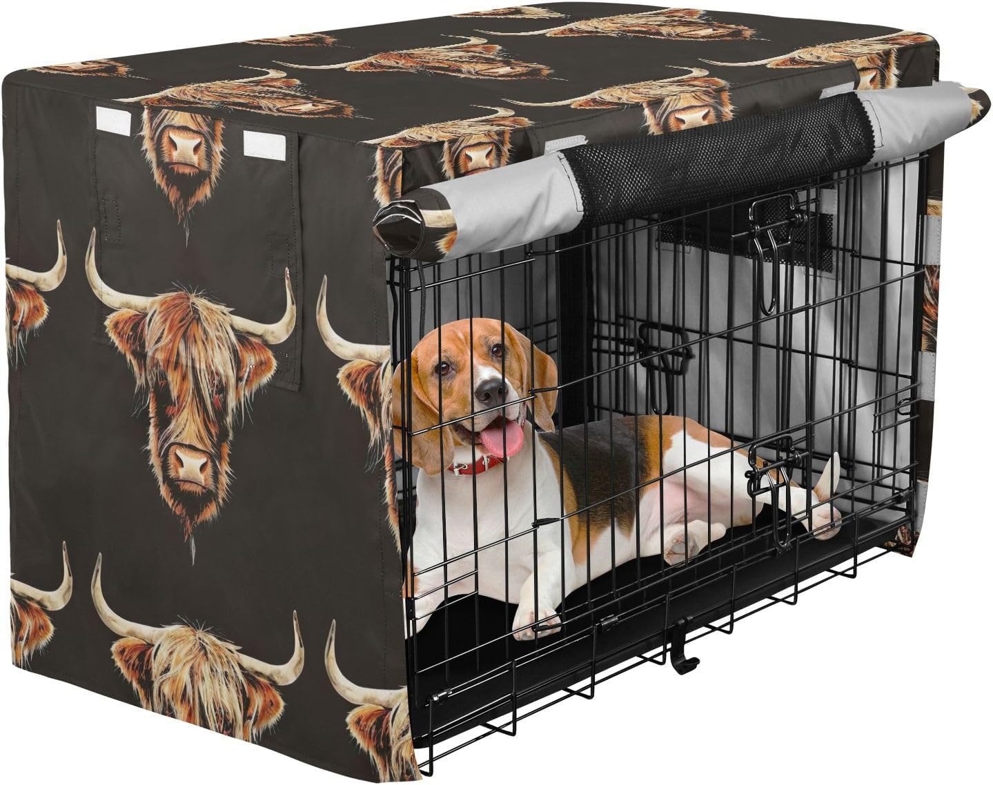 Highland Cow Head Dog Crate Cover Roll-up Side Panels, Cage Cover for Puppies Training, X-Large