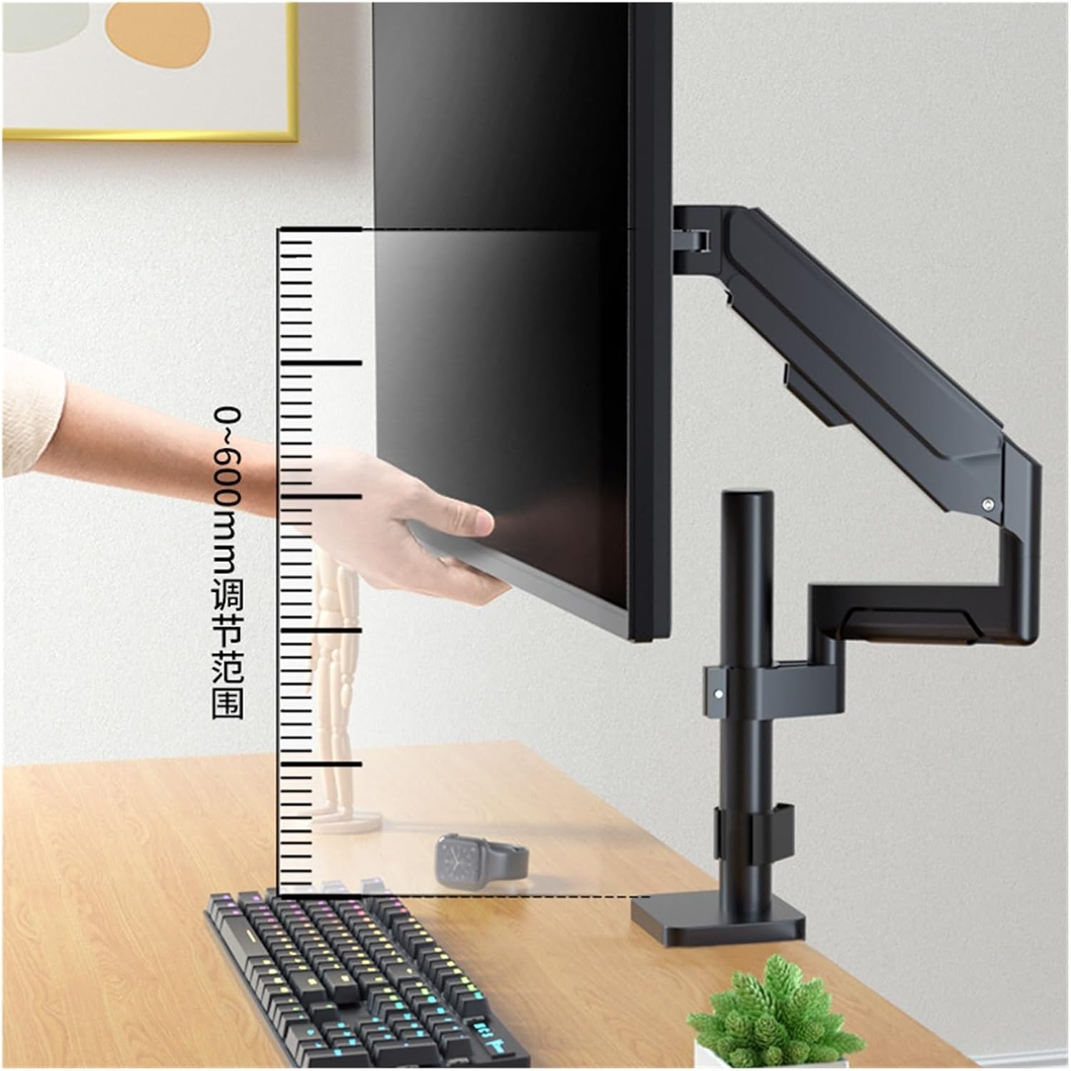 Monitor Stand Desktop Punch-Free Table Clip Perforation Installation Pneumatic Cantilever Bracket Horizontal and Vertical Screen Rotation(Gray)